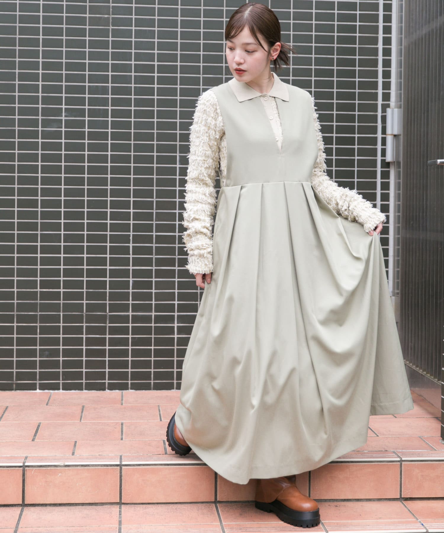 2サイズ展開』キーネックBIGプリーツジャンパースカート(36 L.KHAKI