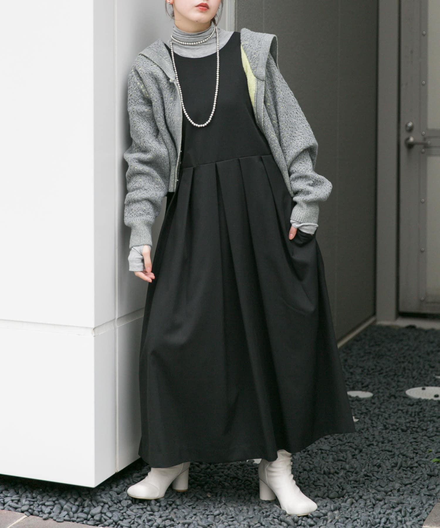 『2サイズ展開』キーネックBIGプリーツジャンパースカート