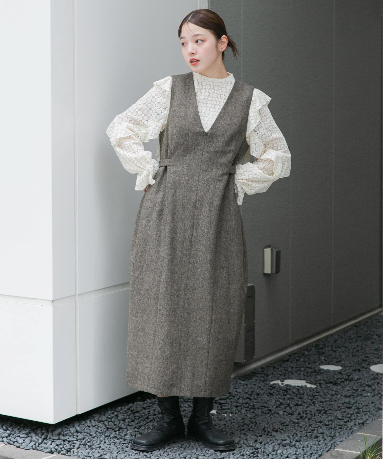 2サイズ展開』ツイードジャンパースカート(36 CHARCOAL): ワンピース