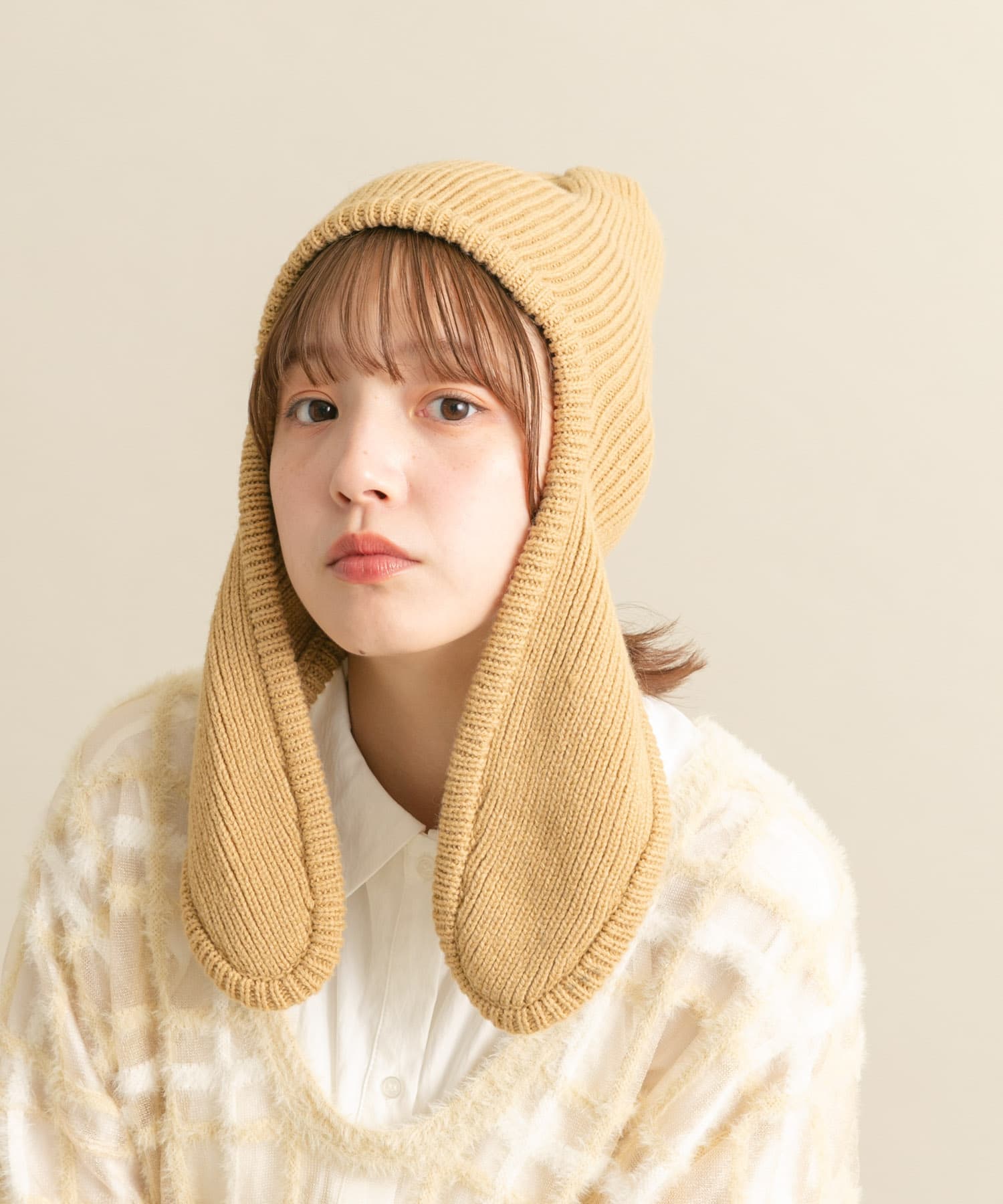 ロングイヤーフラップニットキャップ BEIGE one