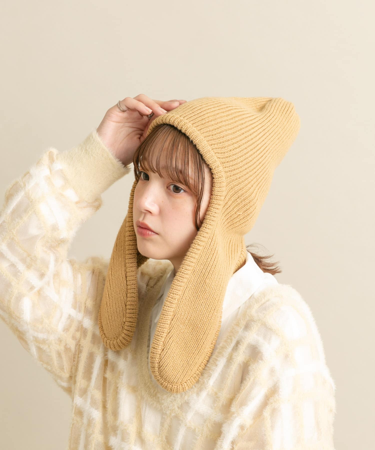 ロングイヤーフラップニットキャップ BEIGE one