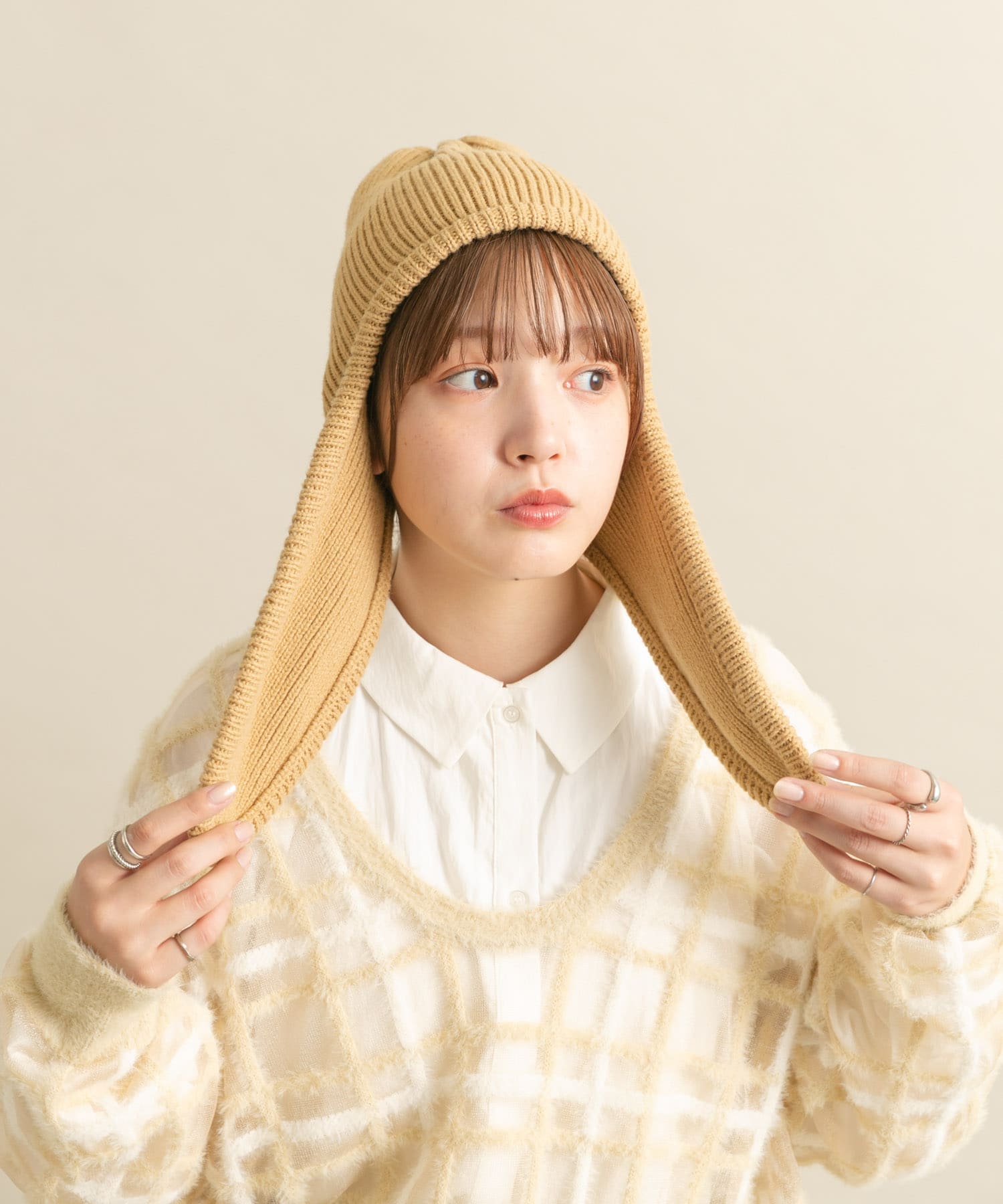 ロングイヤーフラップニットキャップ BEIGE one