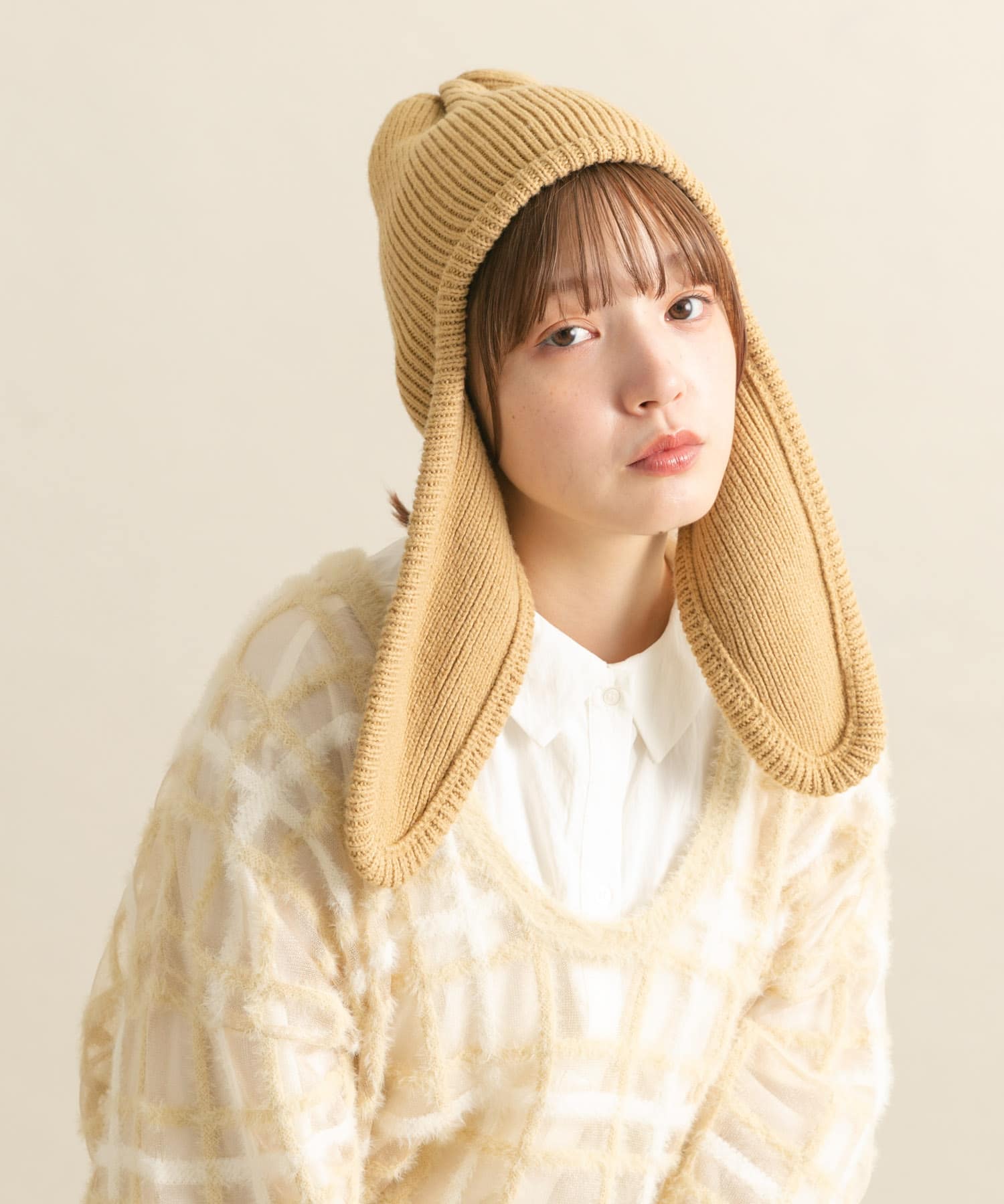 ロングイヤーフラップニットキャップ BEIGE one