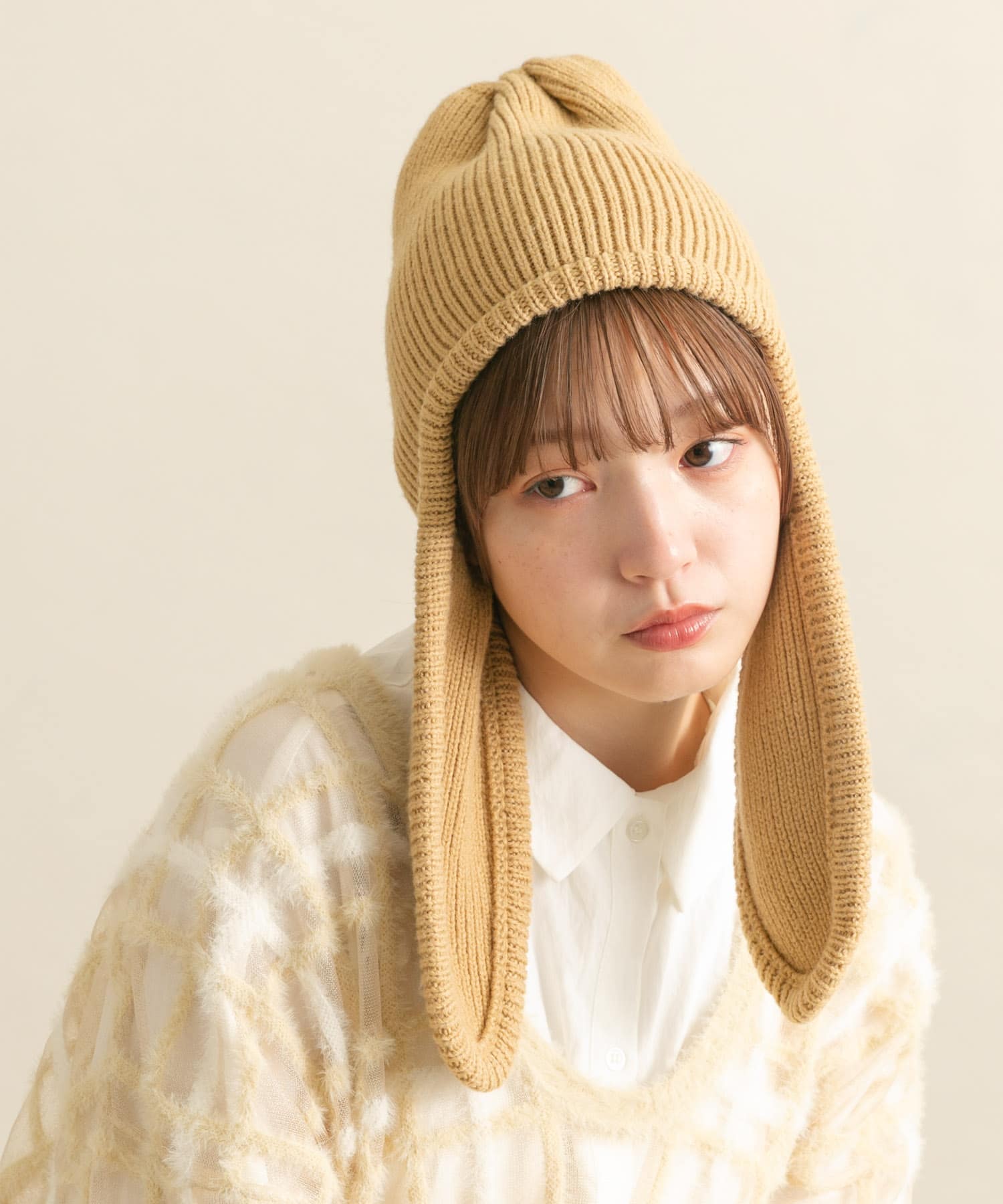 ロングイヤーフラップニットキャップ BEIGE one