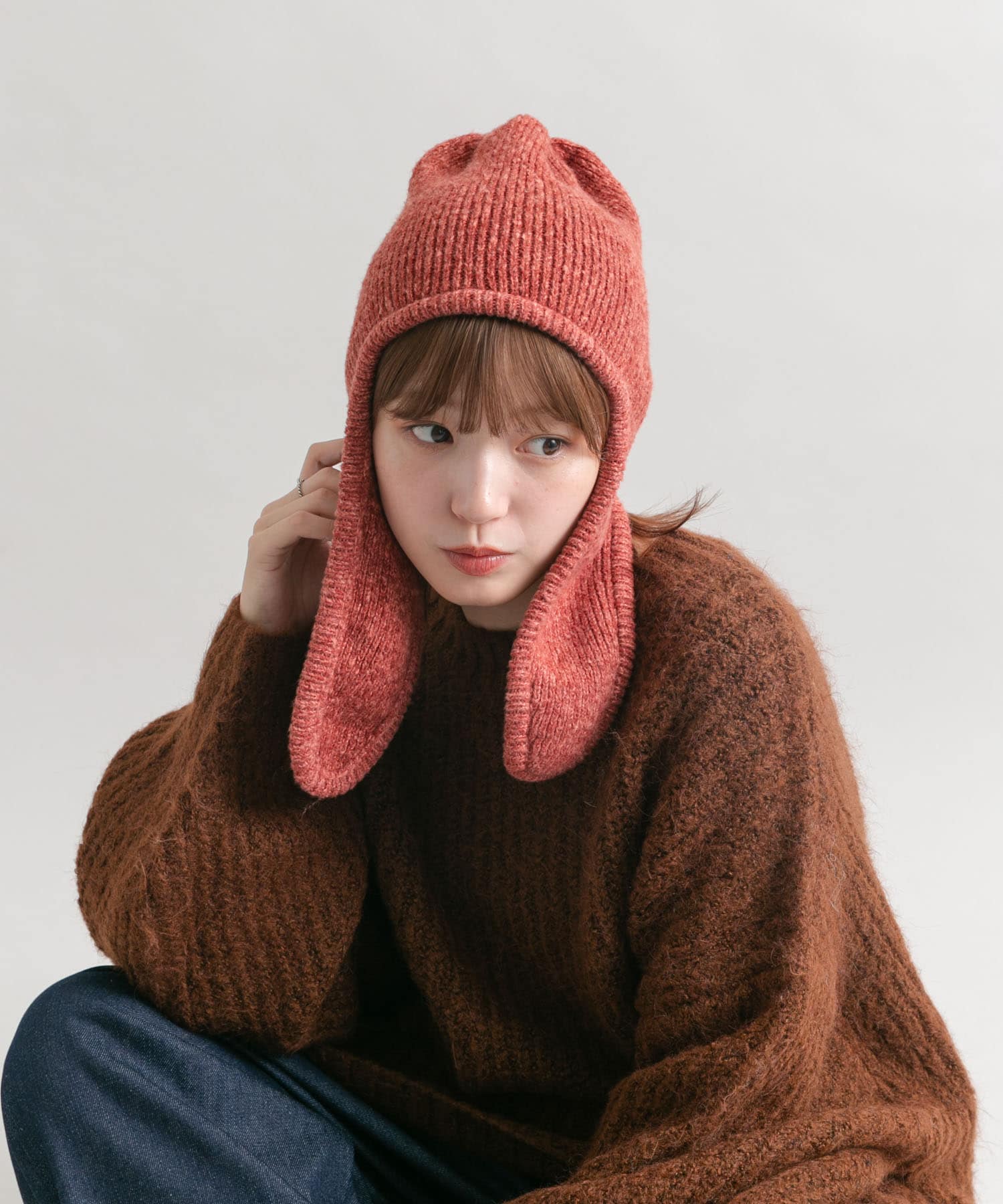 ロングイヤーフラップニットキャップ RED one