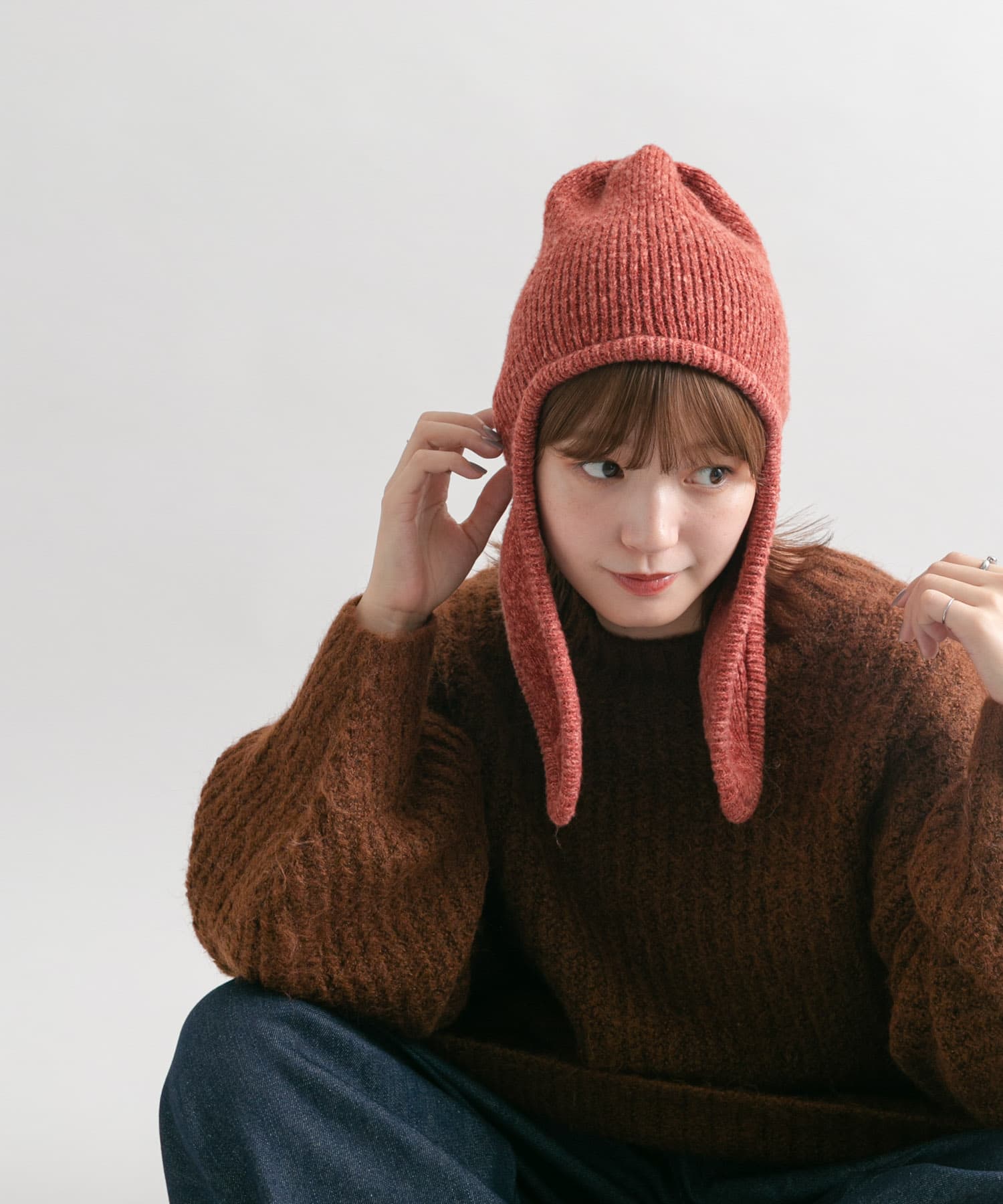 ロングイヤーフラップニットキャップ RED one