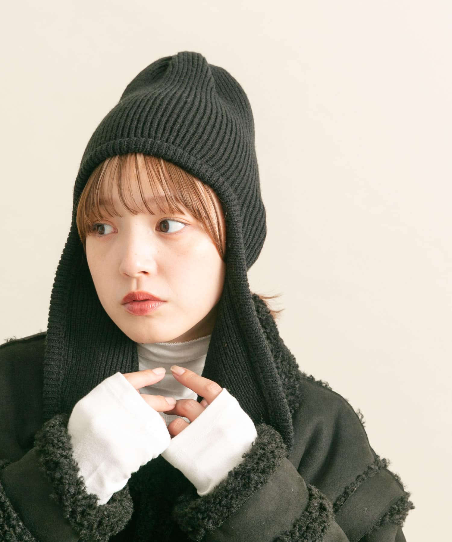 ロングイヤーフラップニットキャップ BLACK one