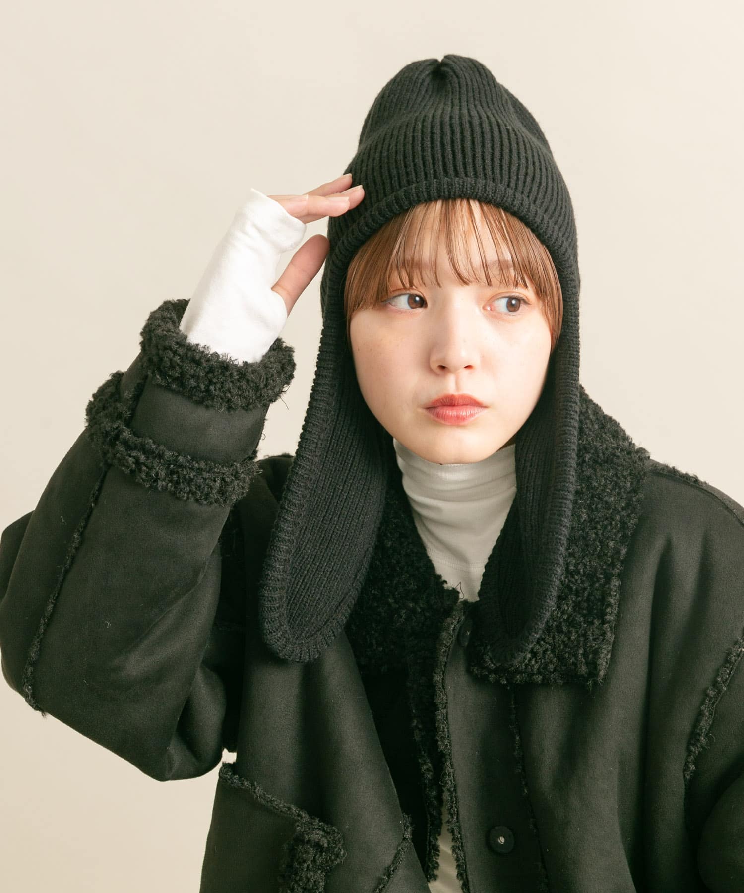 ロングイヤーフラップニットキャップ BLACK one