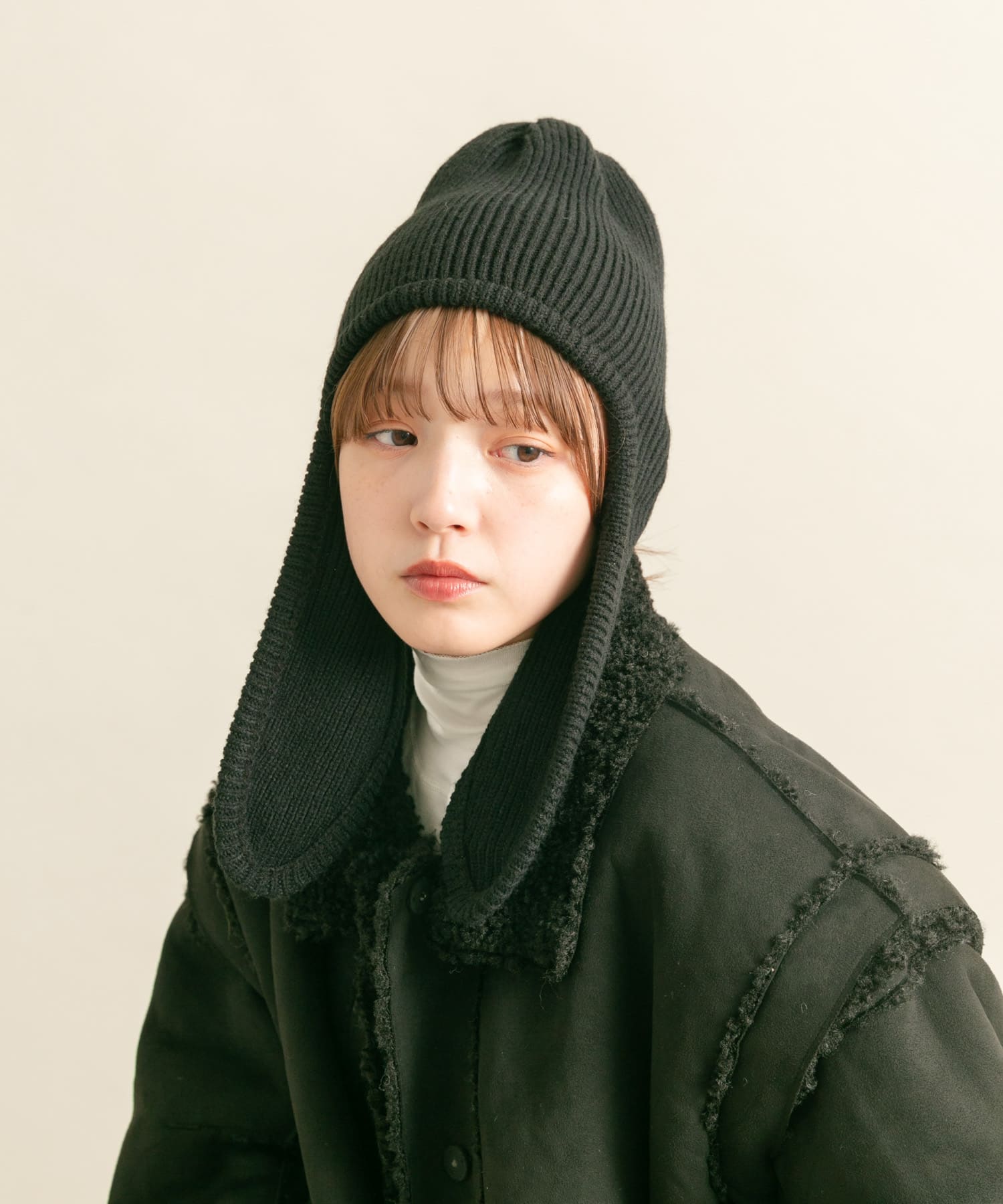 ロングイヤーフラップニットキャップ BLACK one
