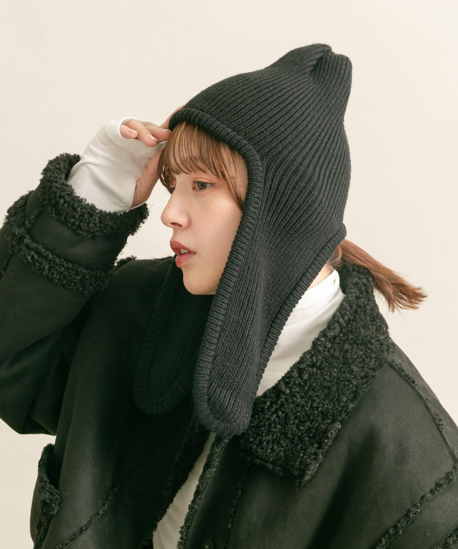 ロングイヤーフラップニットキャップ BLACK one