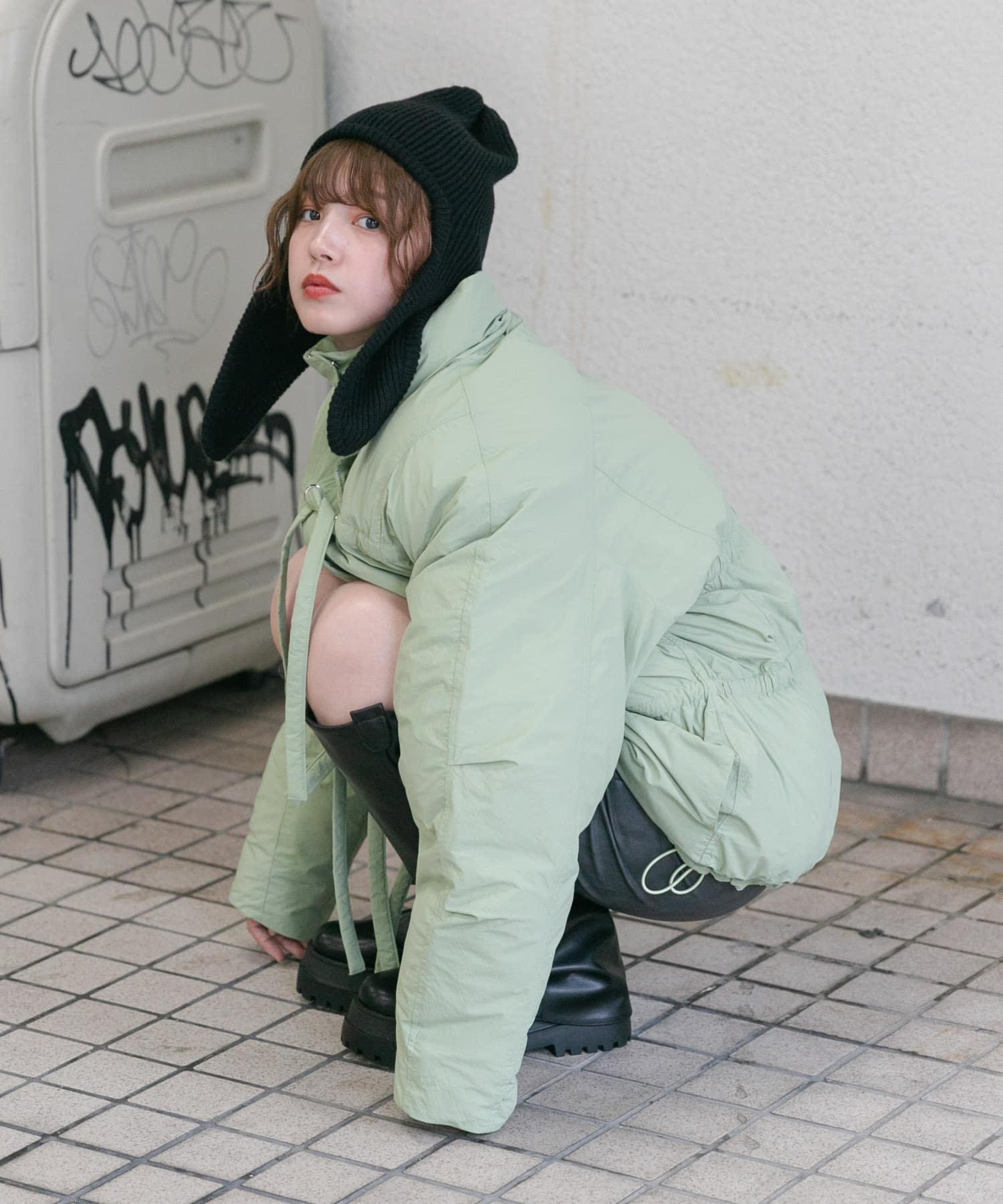 ロングイヤーフラップニットキャップ BLACK one