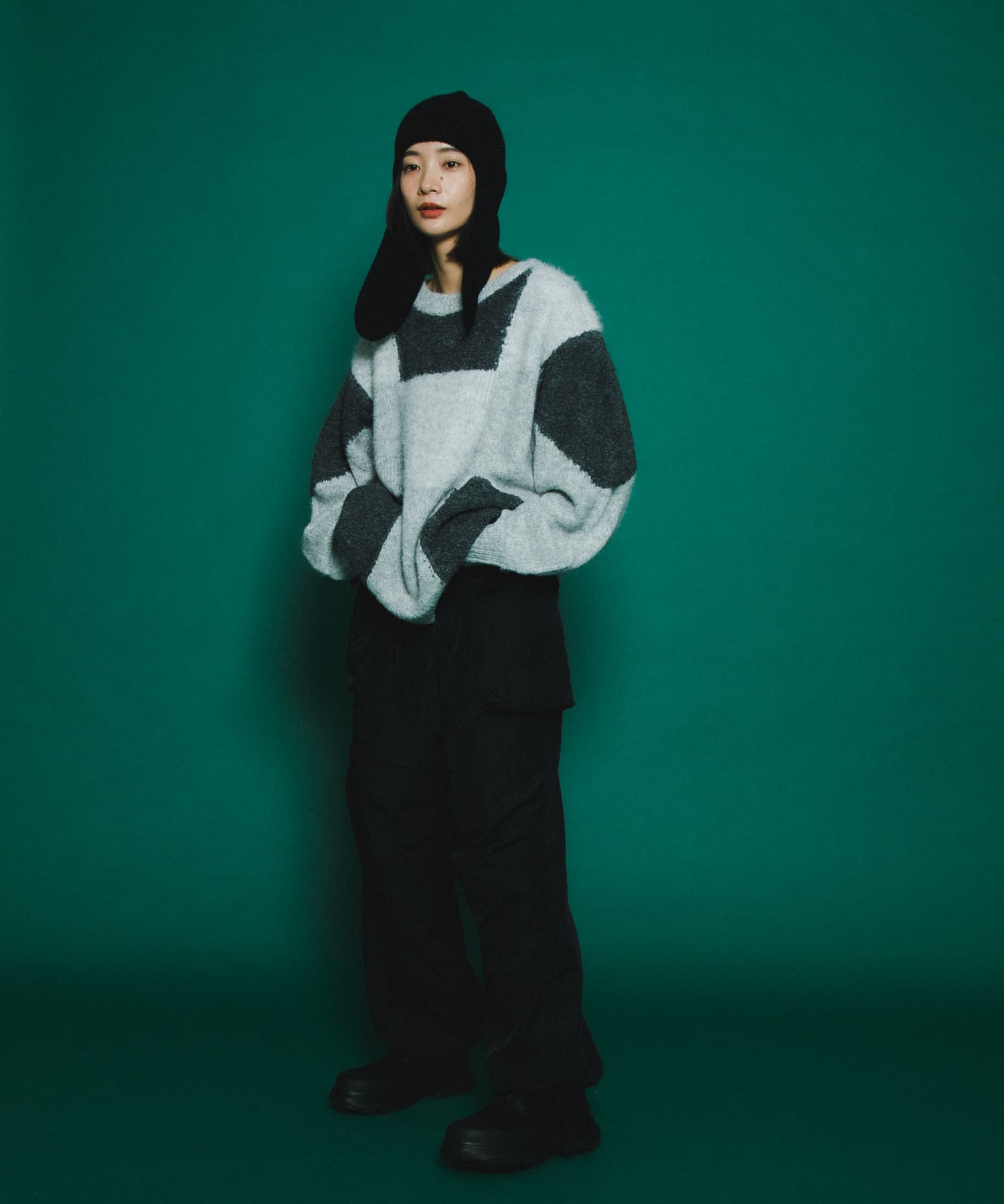 ロングイヤーフラップニットキャップ BLACK one