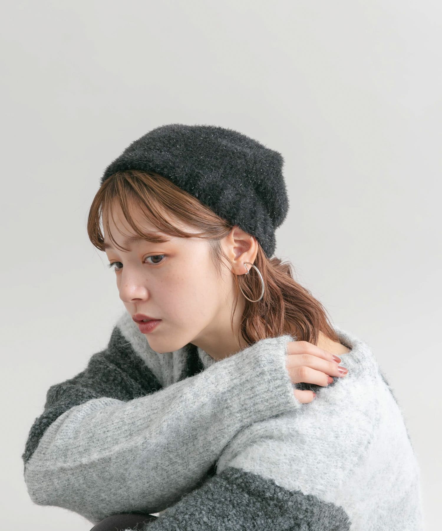 ラメニットビーニー BLACK one