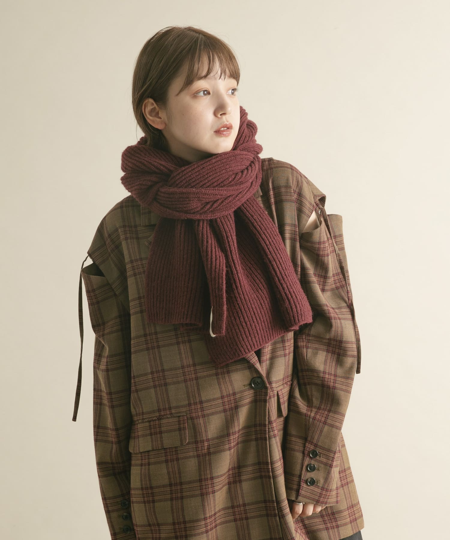 タブ付きリブニットマフラー BURGUNDY one