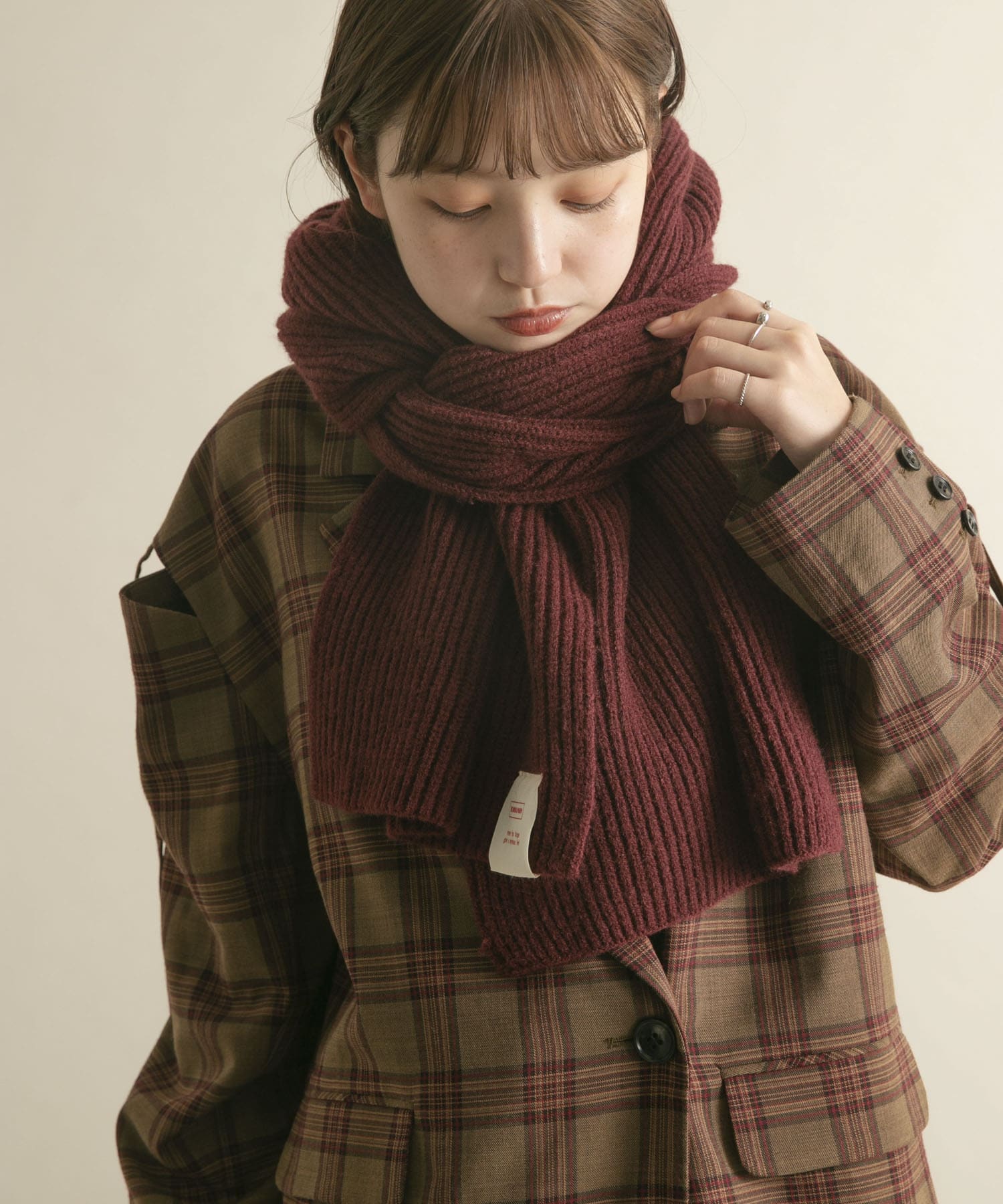 タブ付きリブニットマフラー BURGUNDY one