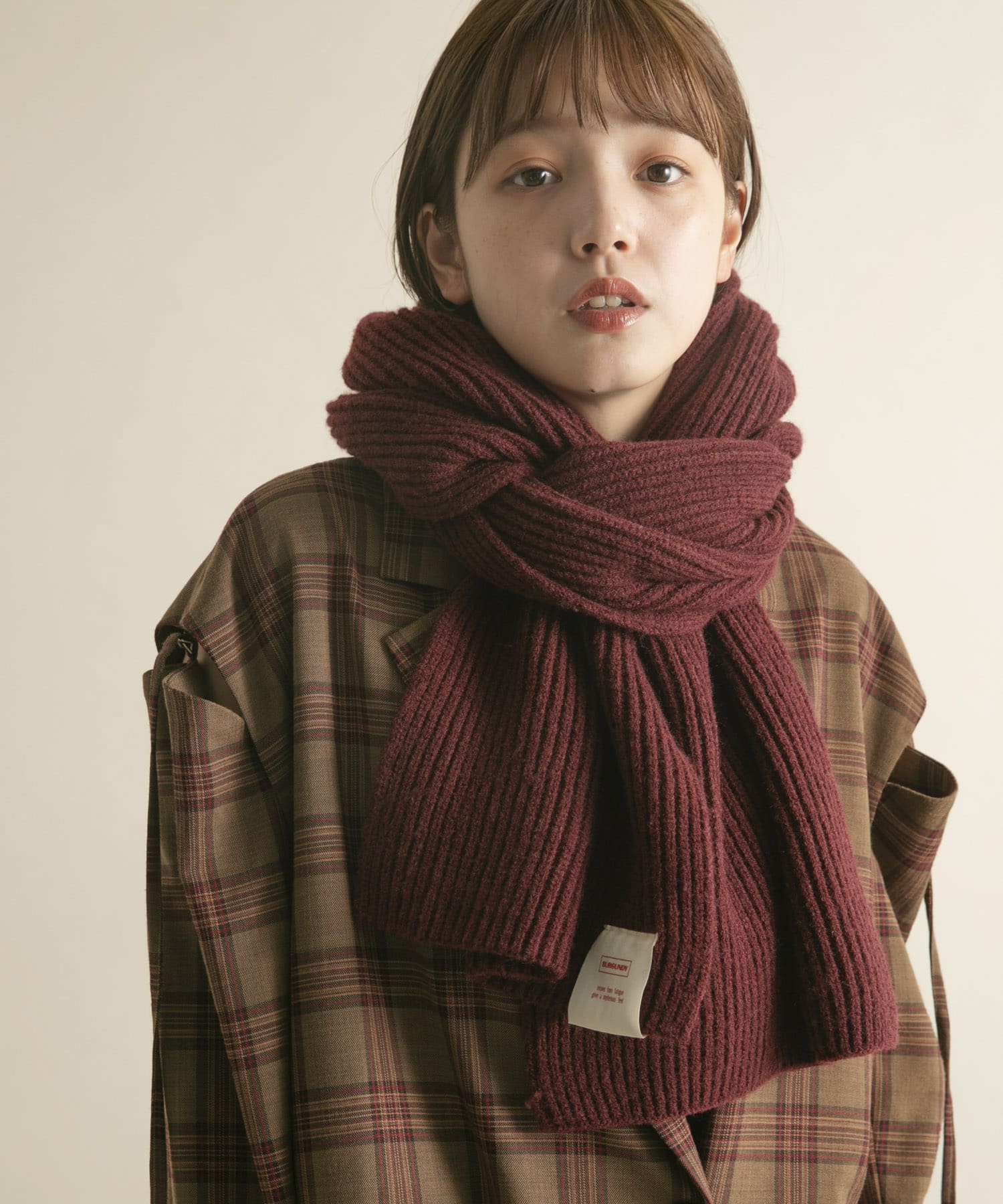 タブ付きリブニットマフラー BURGUNDY one