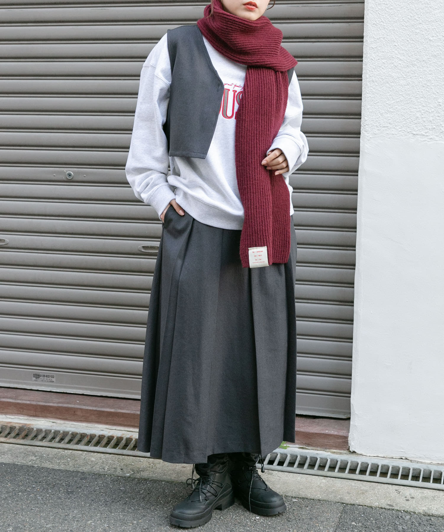 タブ付きリブニットマフラー BURGUNDY one