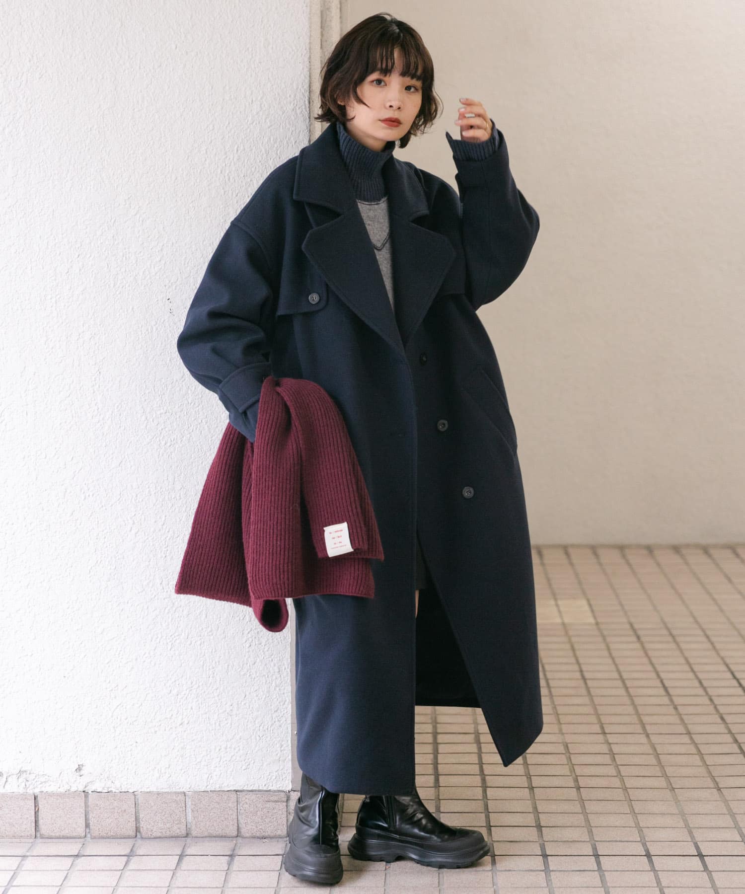 タブ付きリブニットマフラー BURGUNDY one