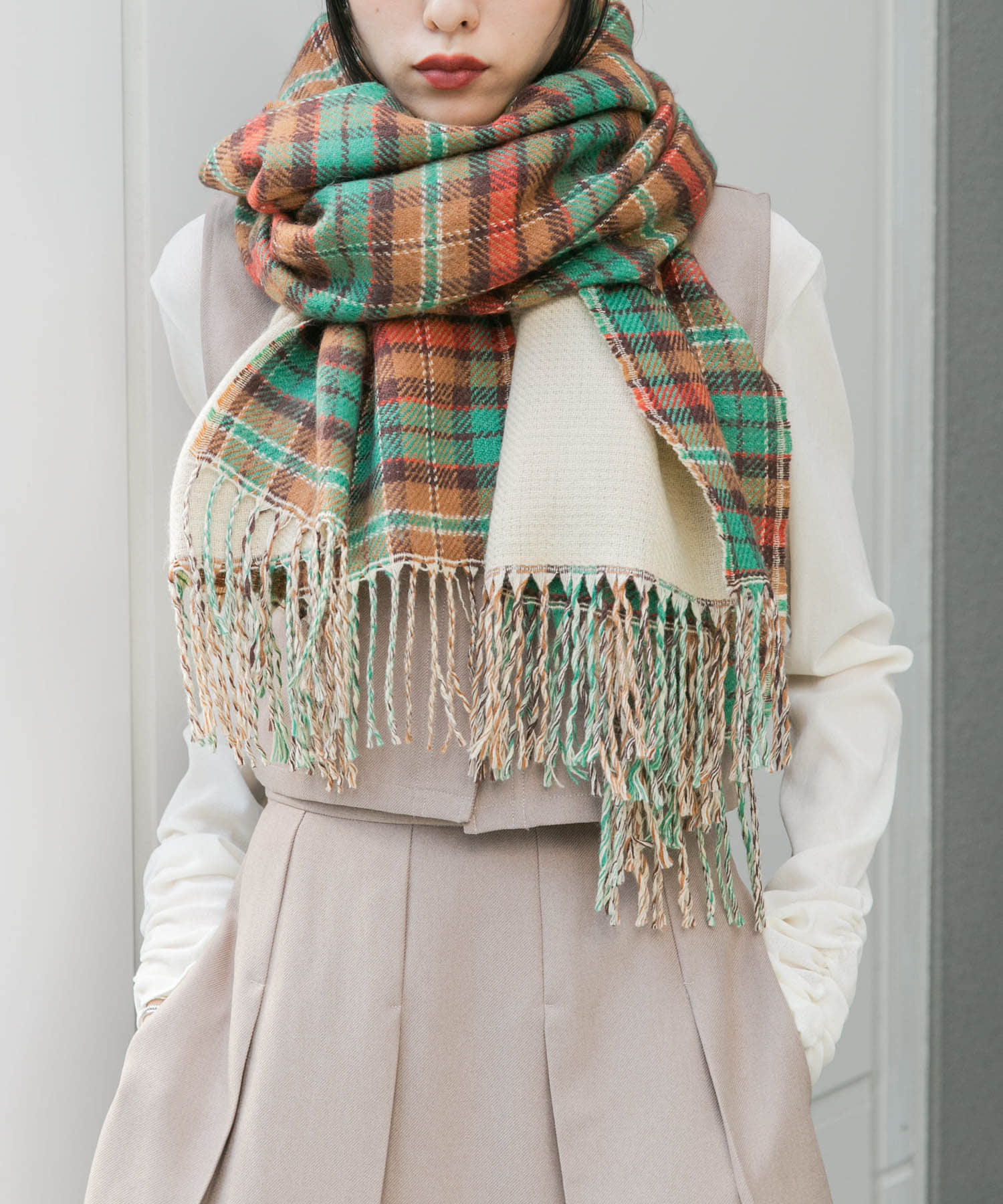 リバーシブルチェックストール BEIGE one