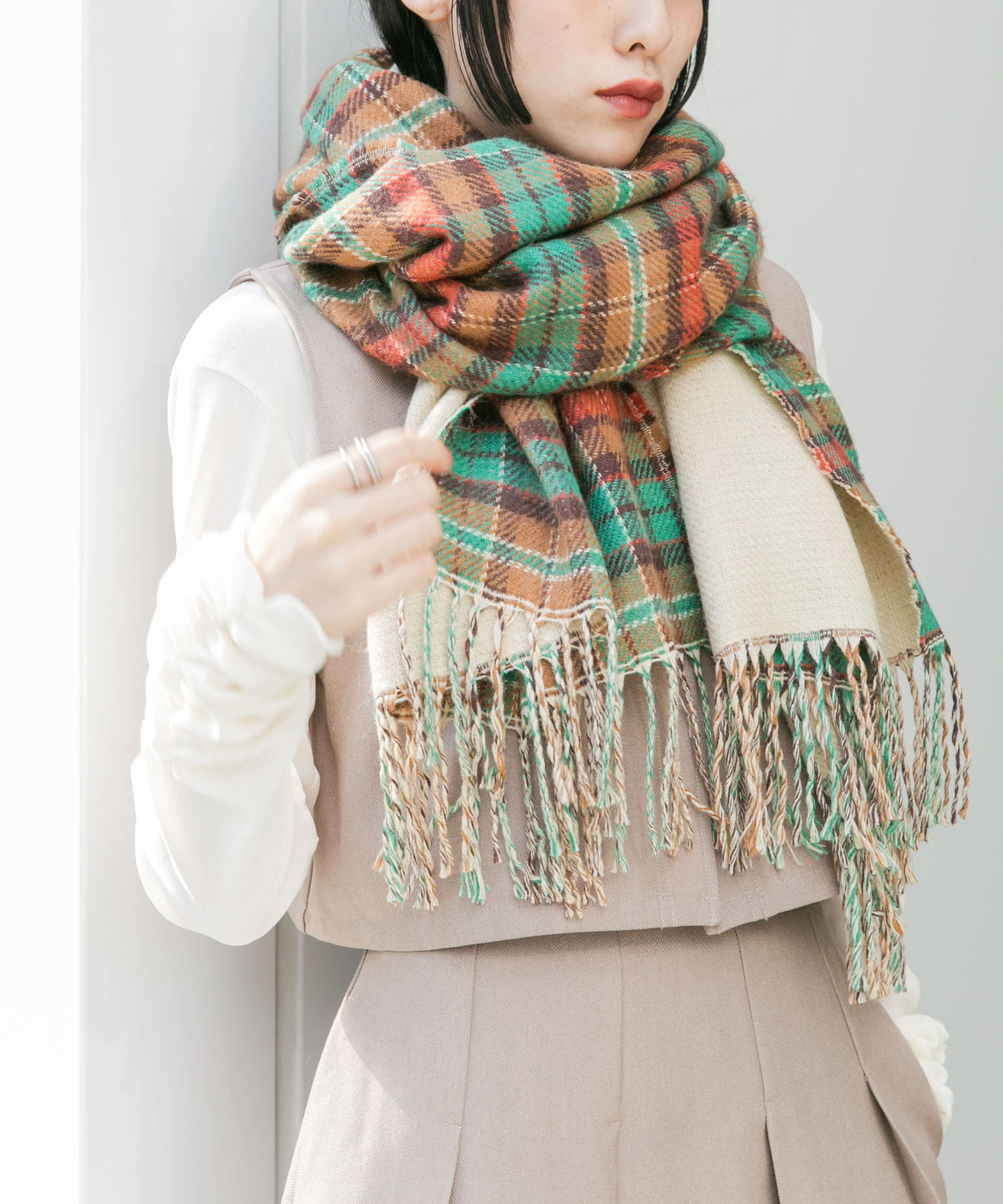 リバーシブルチェックストール BEIGE one