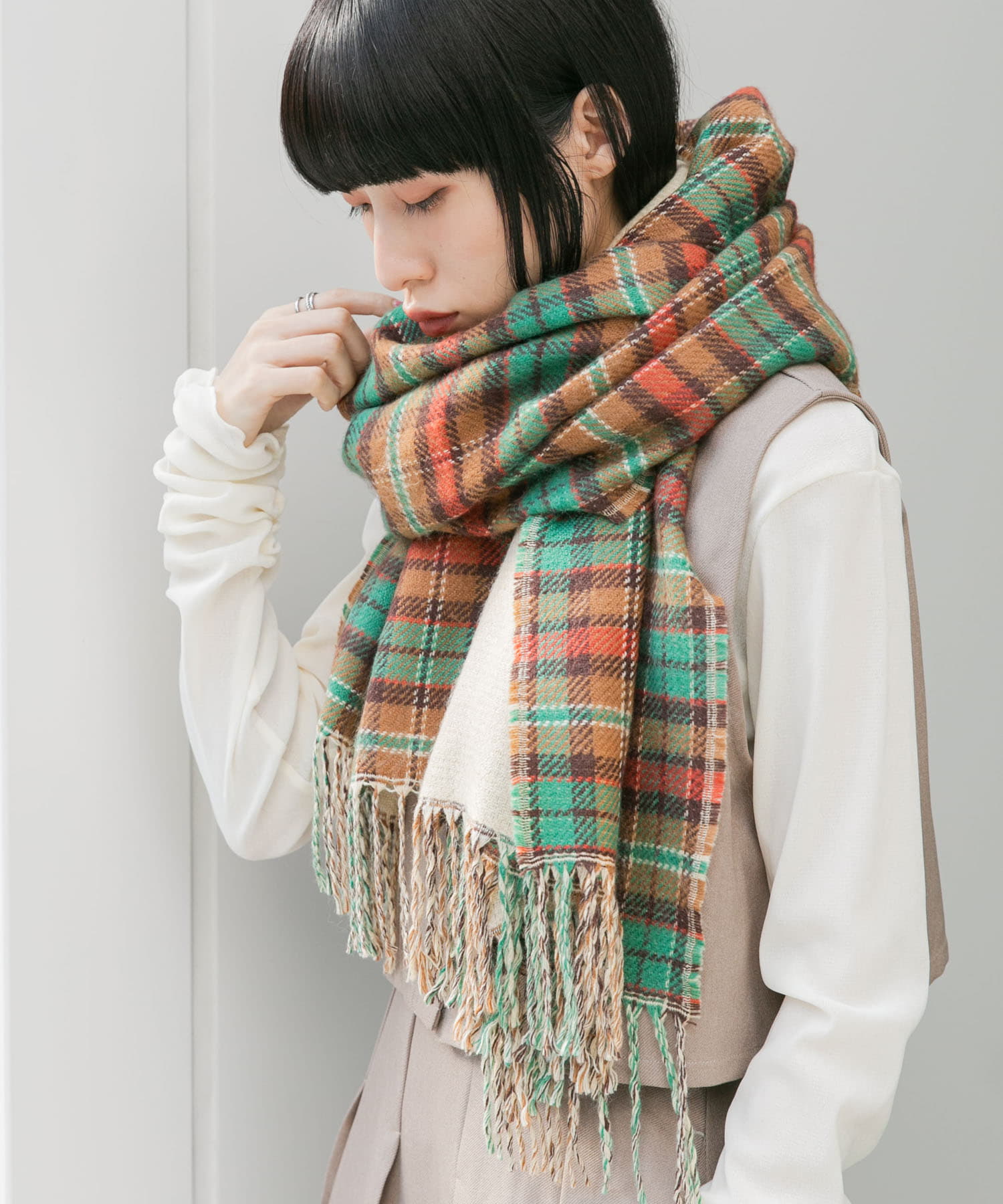 リバーシブルチェックストール BEIGE one