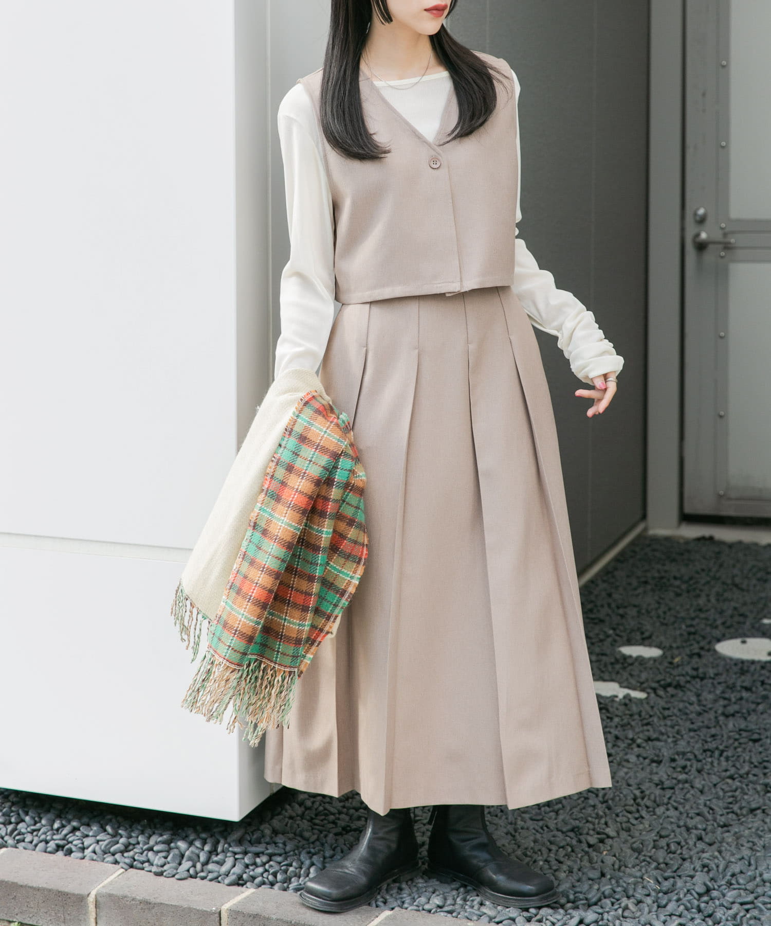 リバーシブルチェックストール BEIGE one