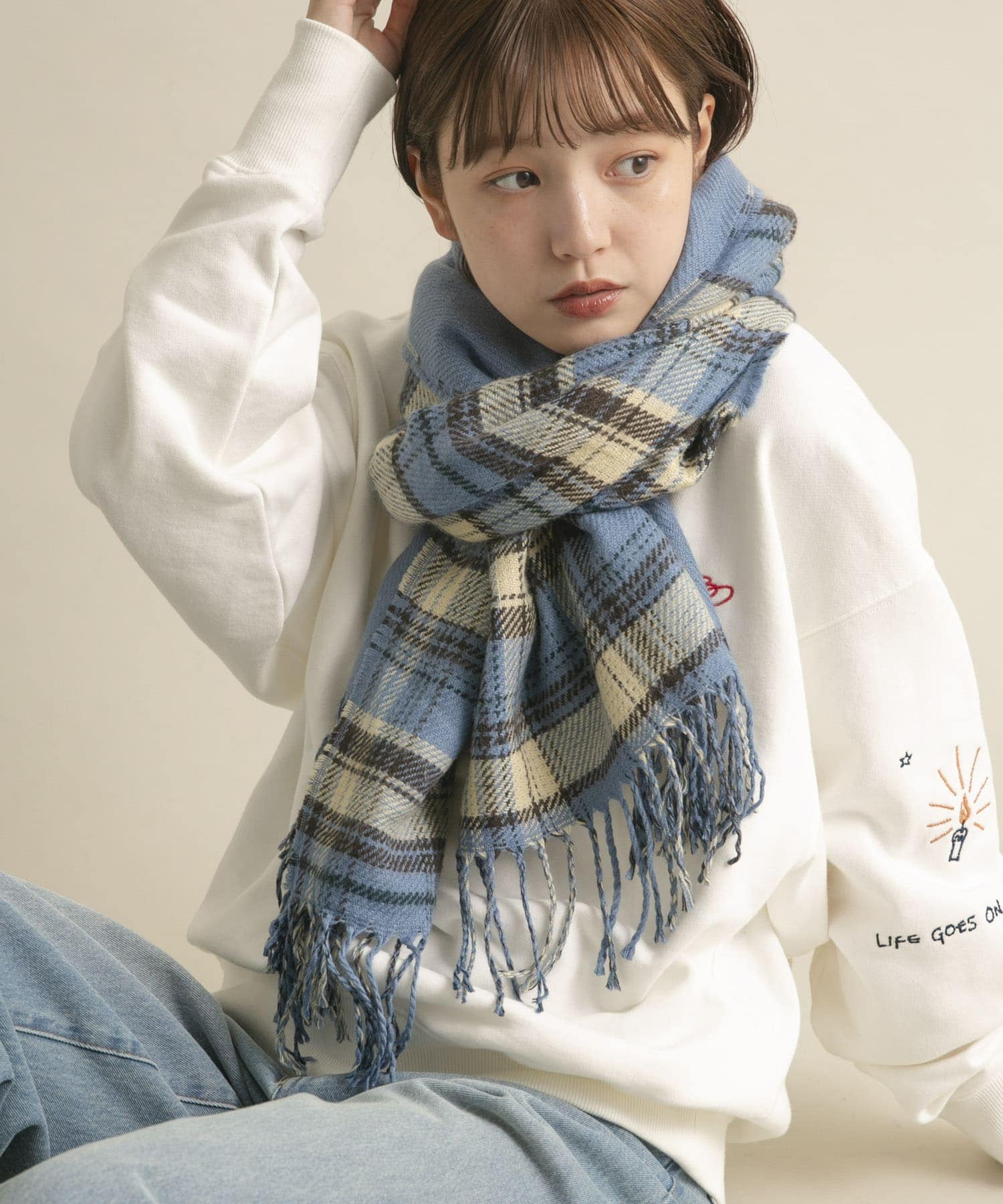 リバーシブルチェックストール BLUE one