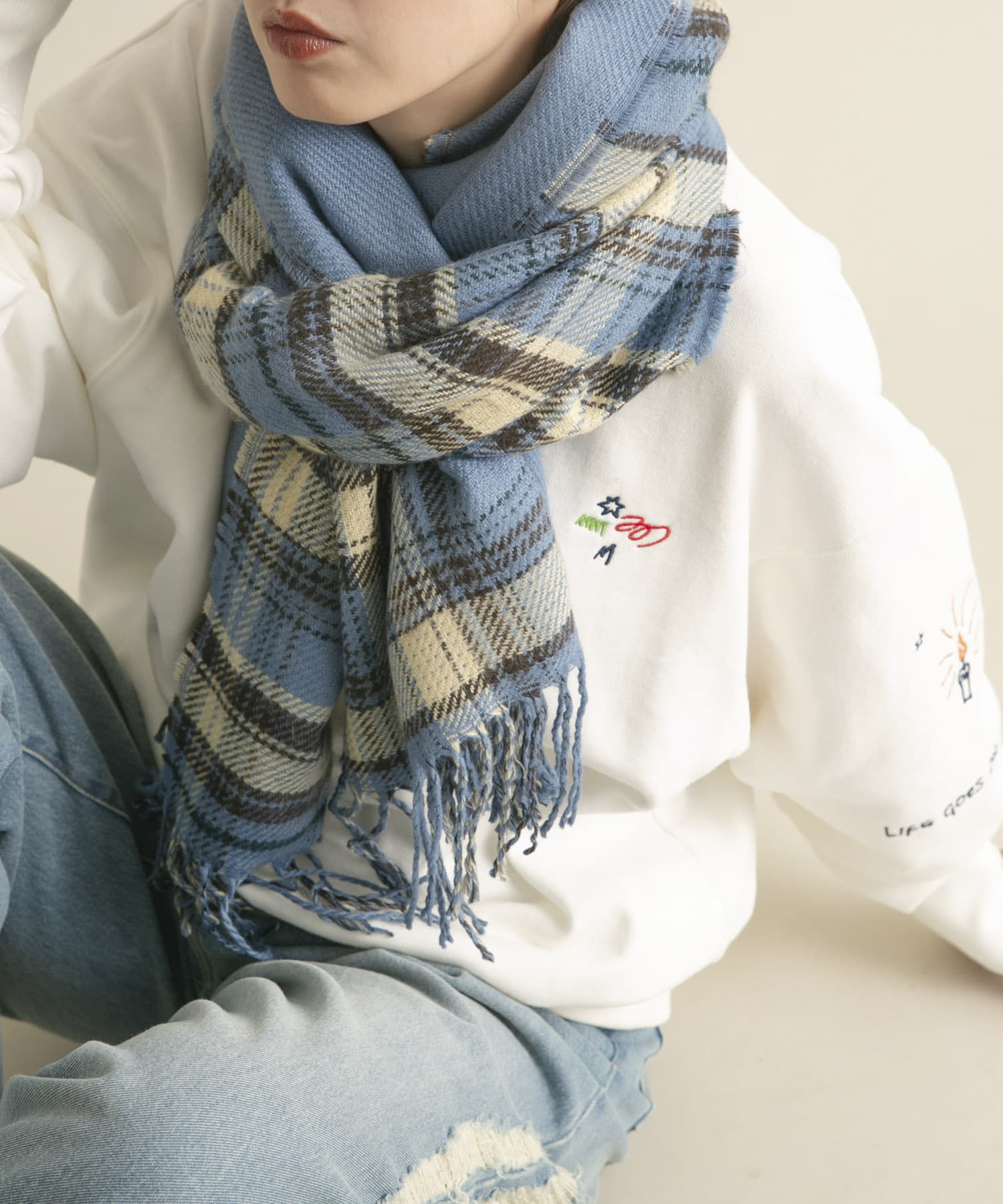 リバーシブルチェックストール BLUE one