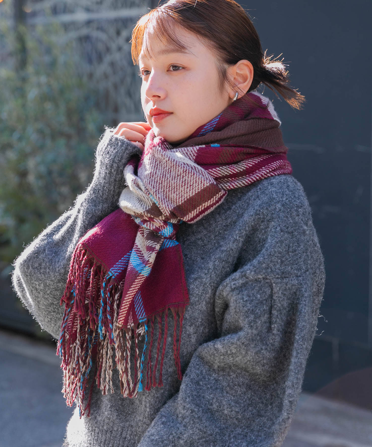 リバーシブルチェックストール BURGUNDY one