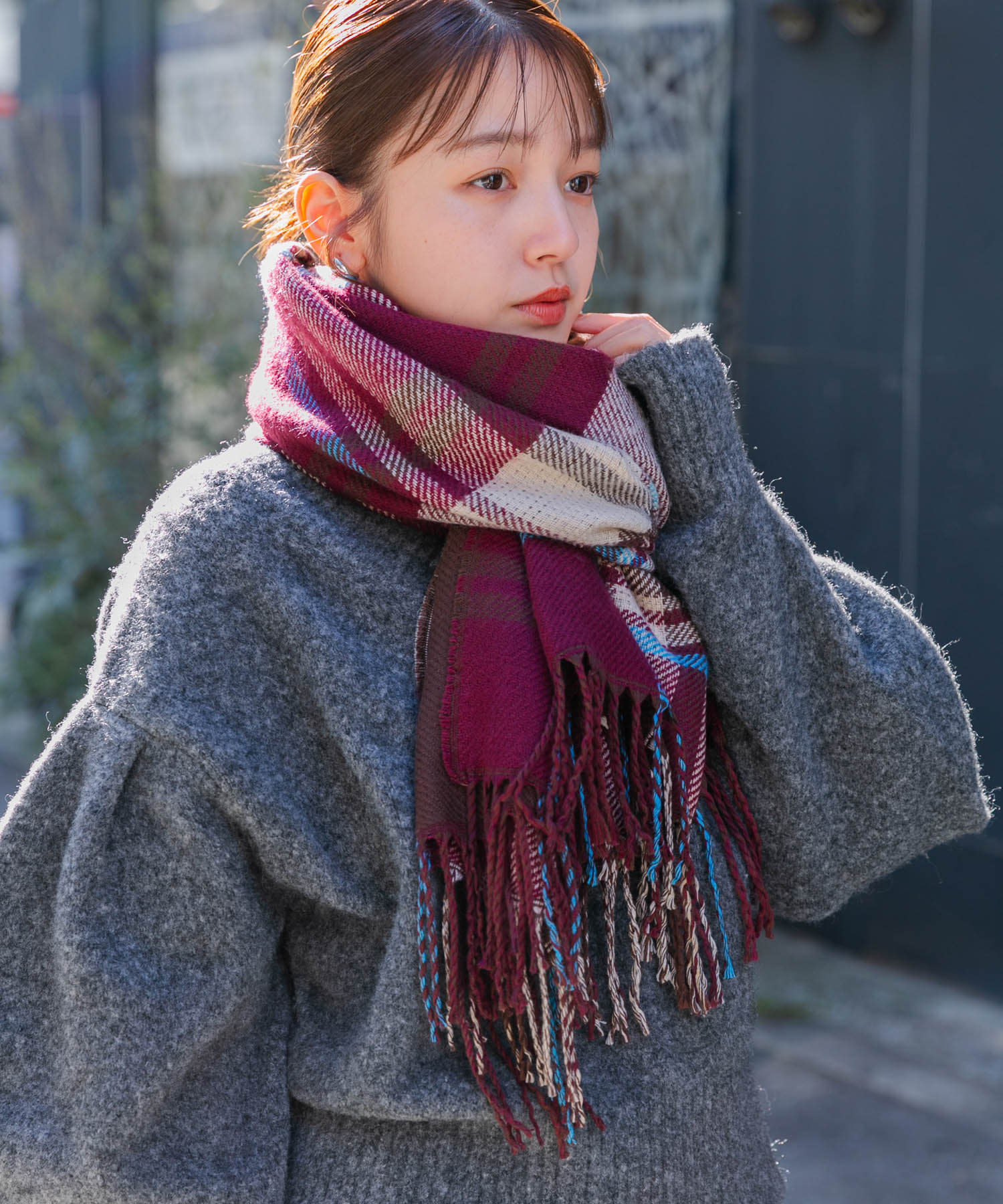 リバーシブルチェックストール BURGUNDY one