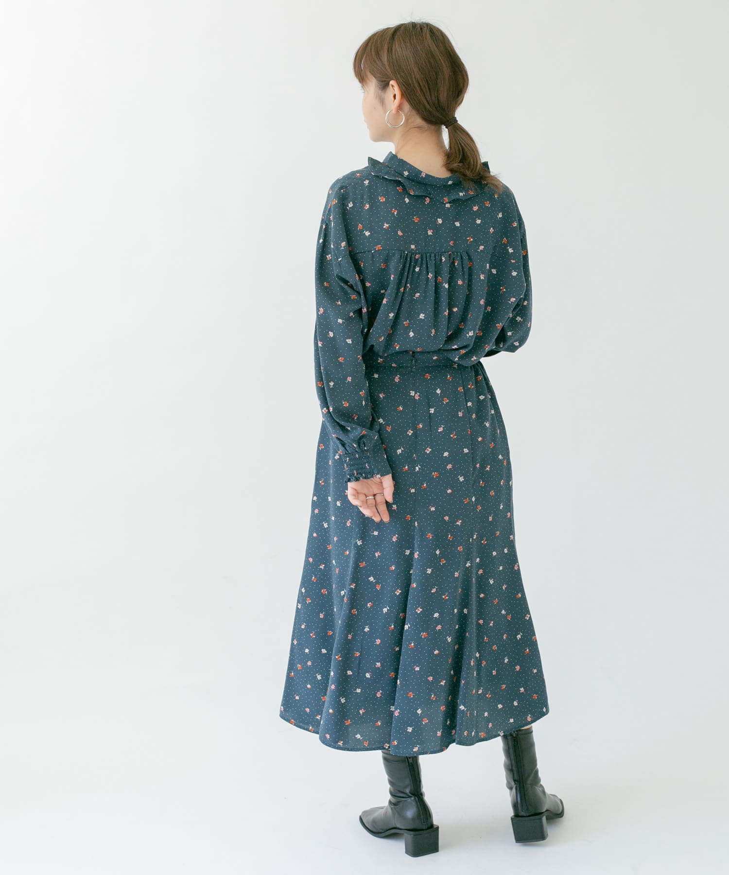 ドット×フラワーマーメイドスカート NAVY one