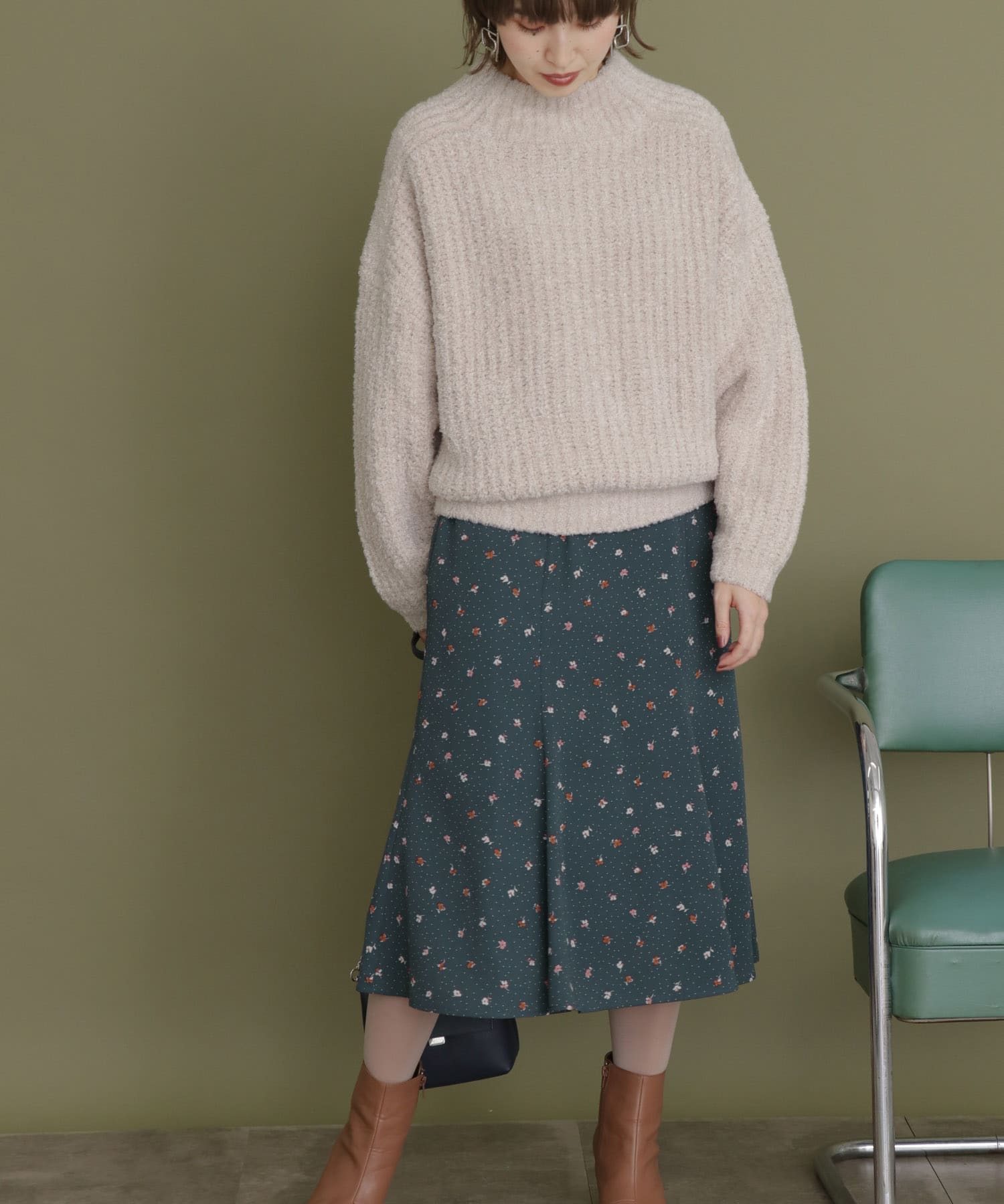 ドット×フラワーマーメイドスカート NAVY one