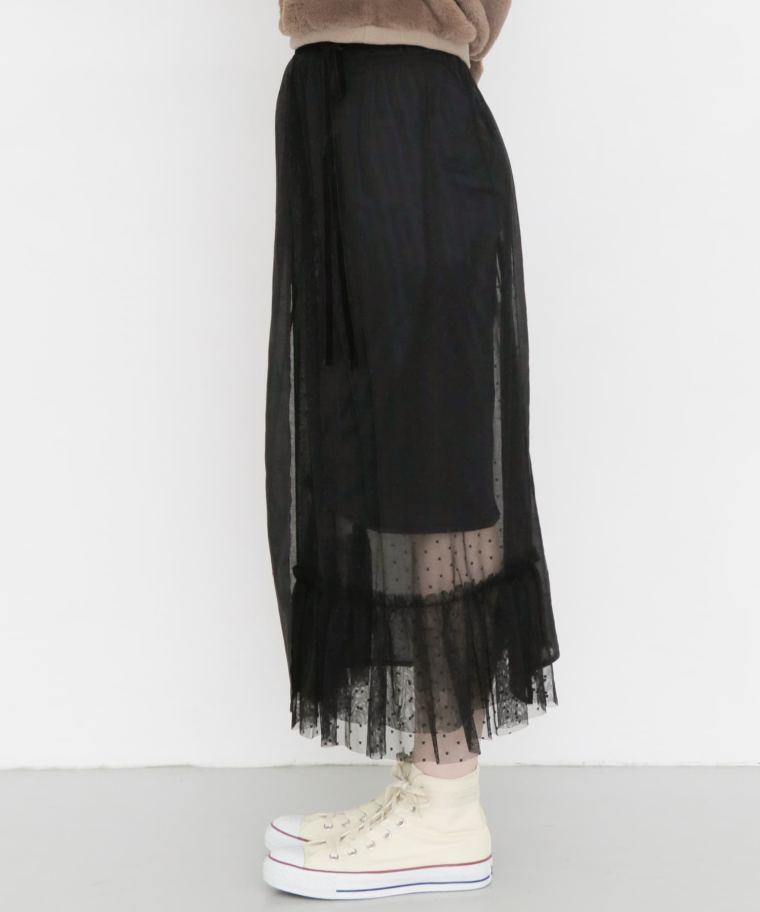 レイヤードシアー巻きスカート∴ BLACK one