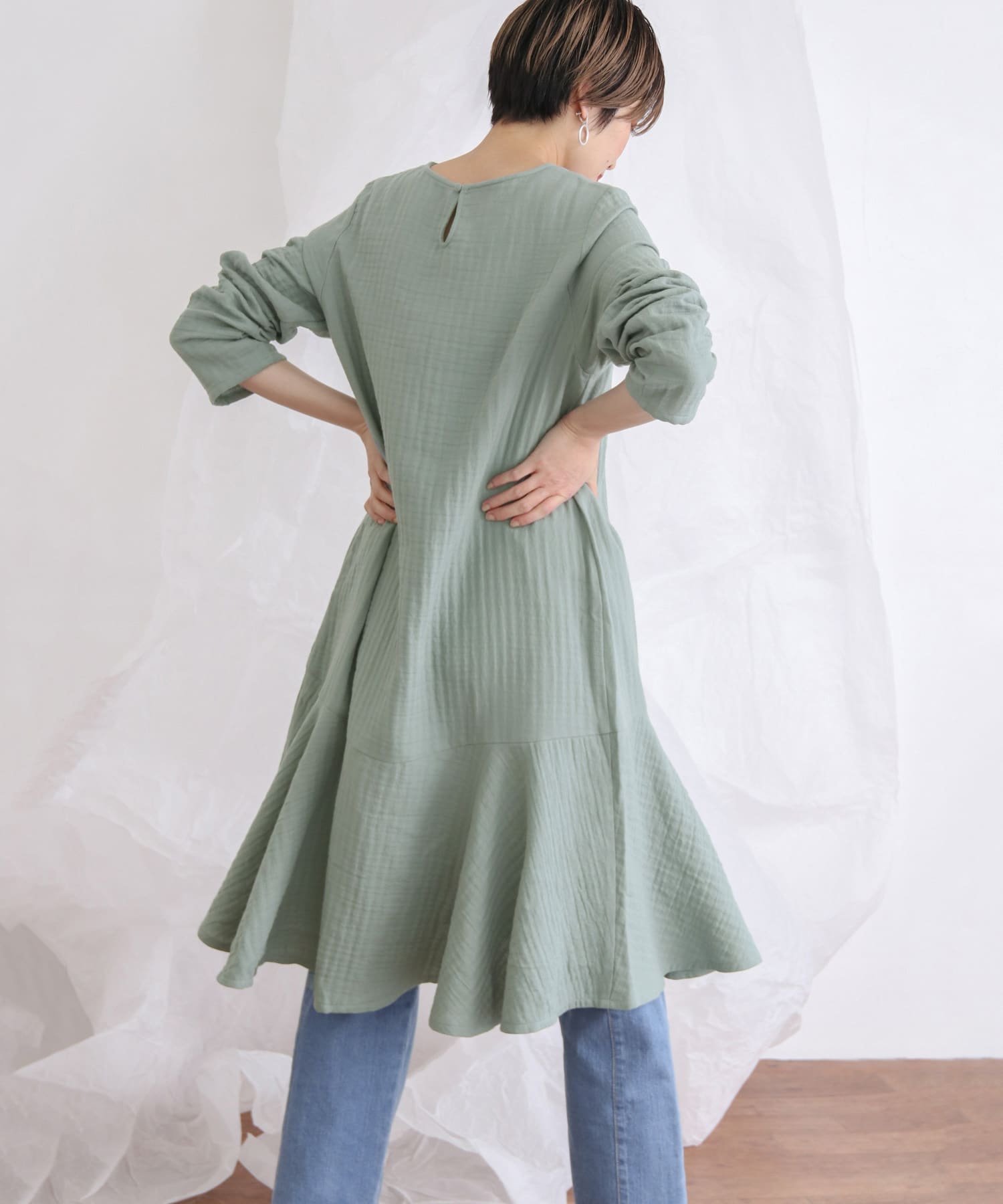 ガーゼペプラムワンピース BLUE GREEN one