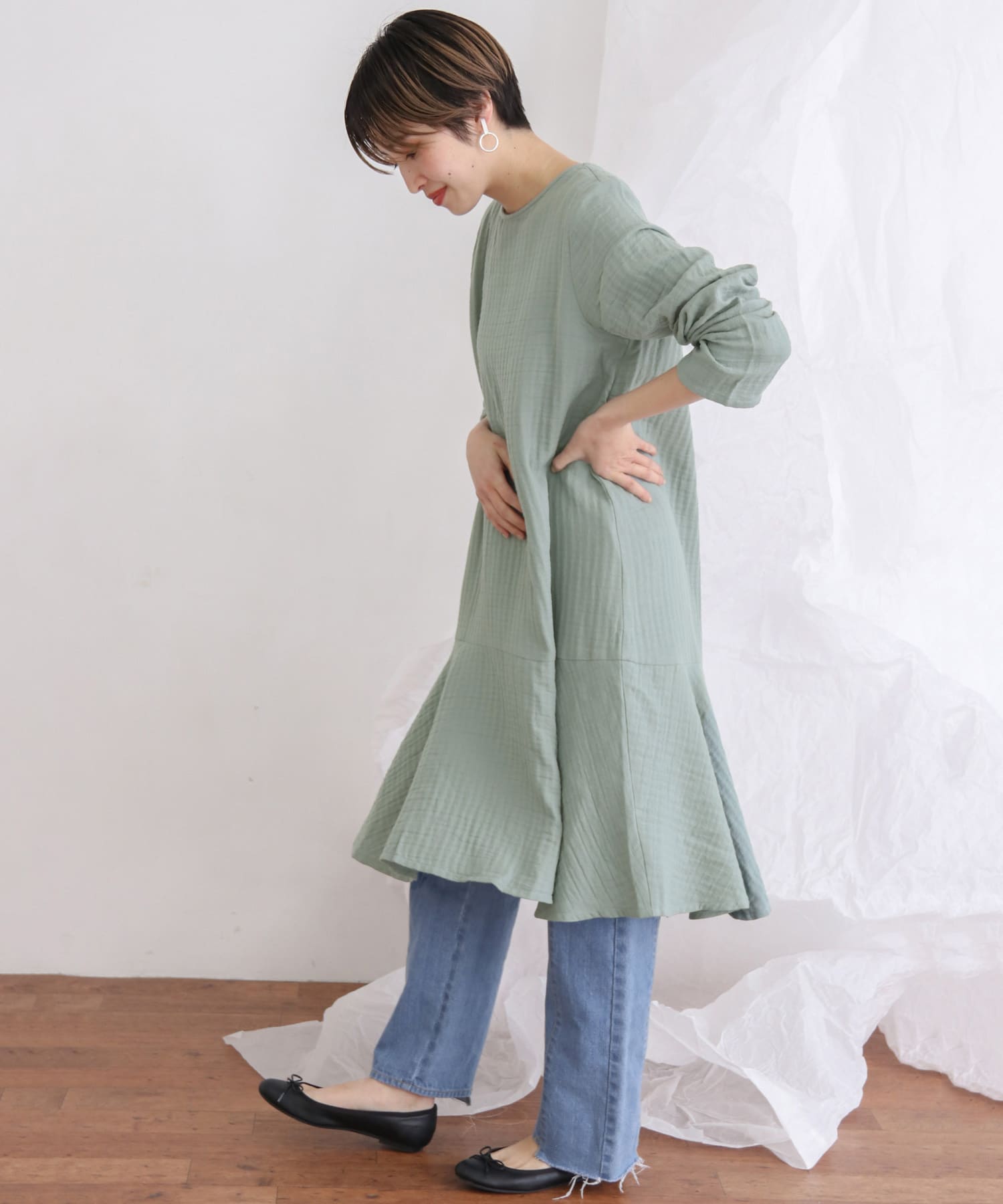 ガーゼペプラムワンピース BLUE GREEN one