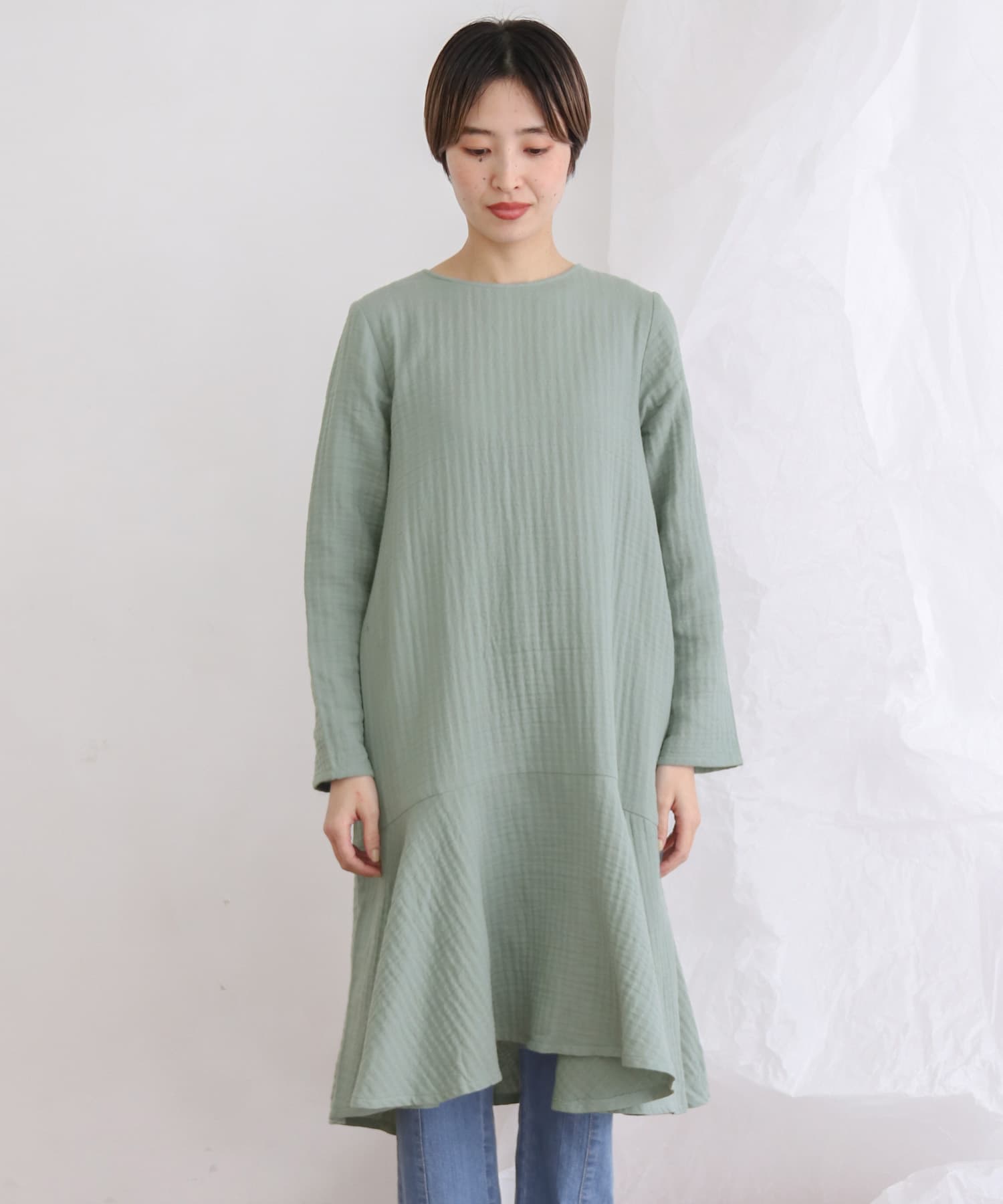 ガーゼペプラムワンピース BLUE GREEN one