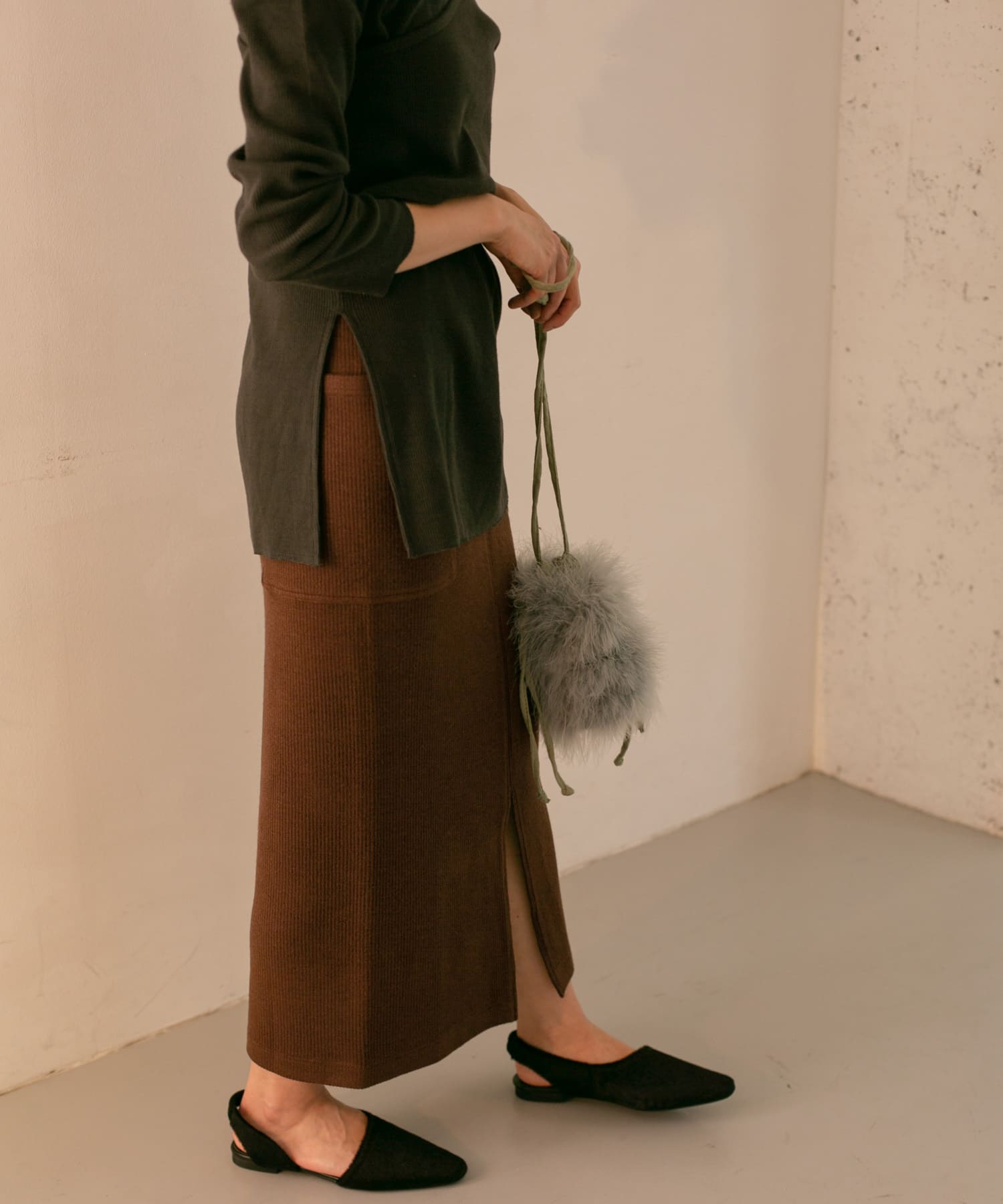 サイドポケットリブタイトスカート BROWN one