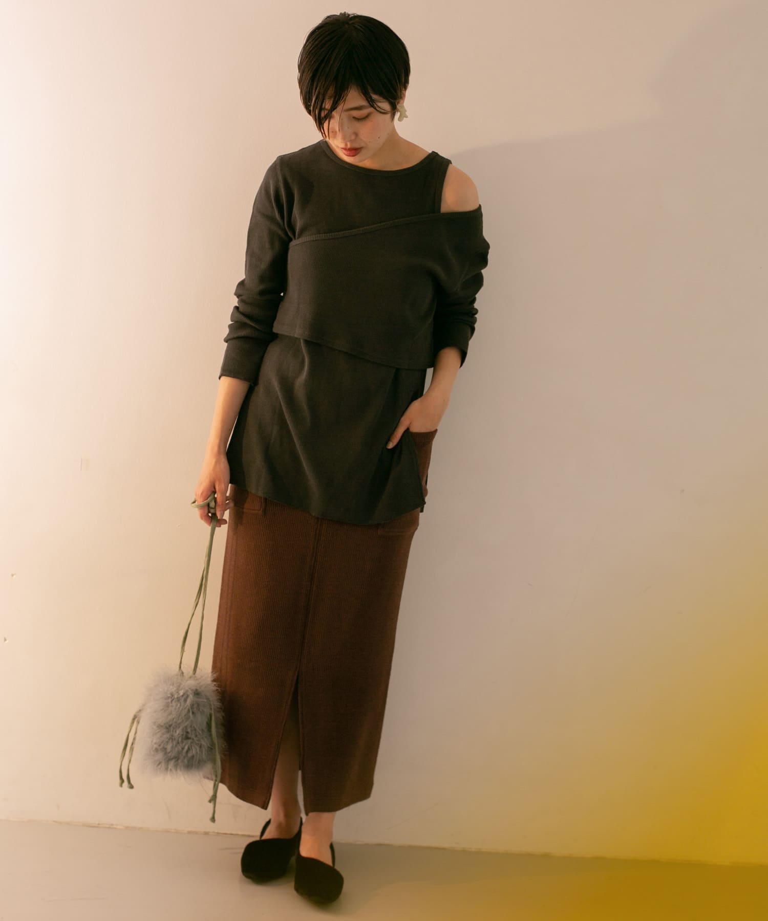 サイドポケットリブタイトスカート BROWN one