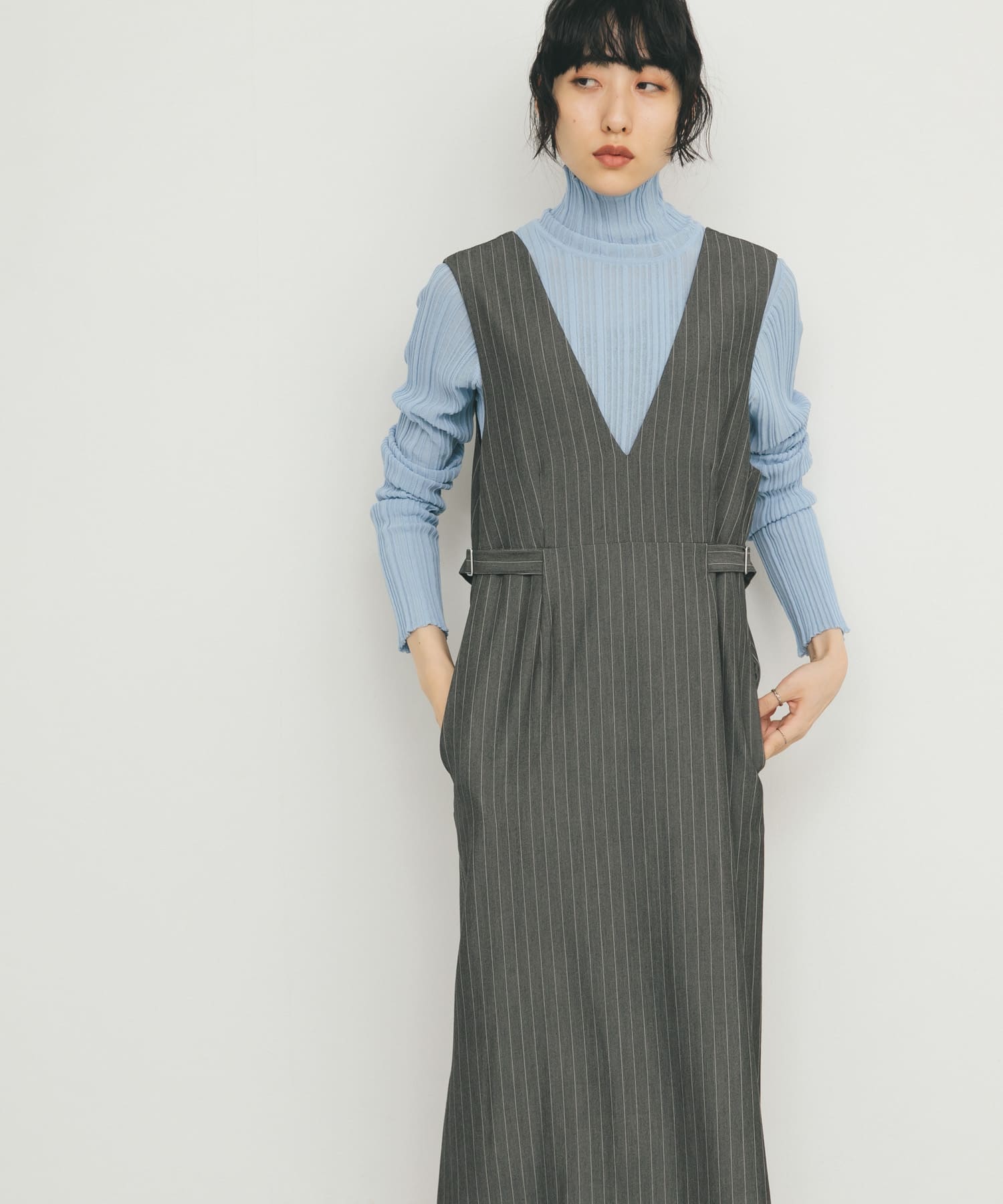 2サイズ展開』ピンストライプジャンパースカート(36 GRAY): ワンピース