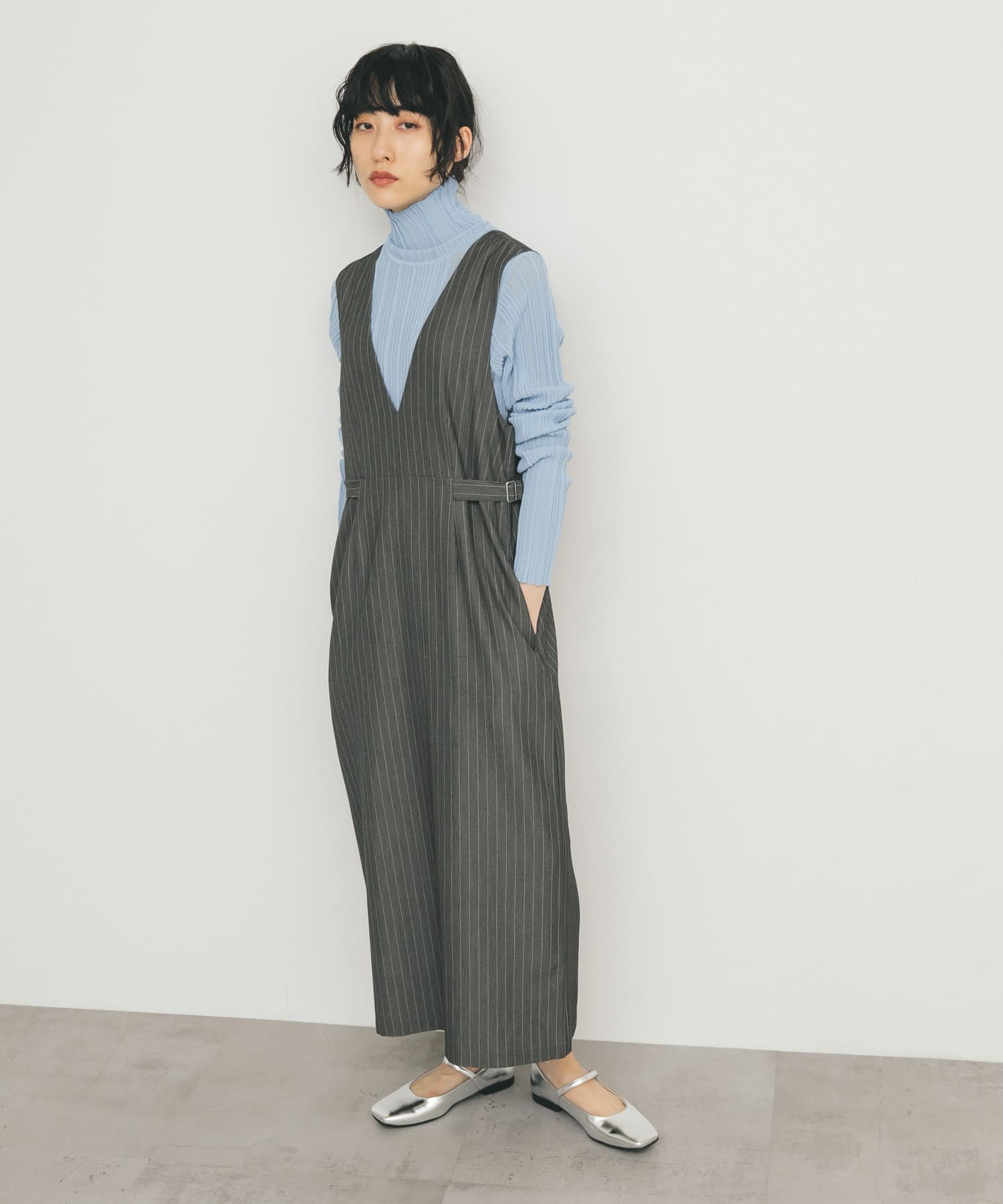 2サイズ展開』ピンストライプジャンパースカート(36 GRAY): ワンピース