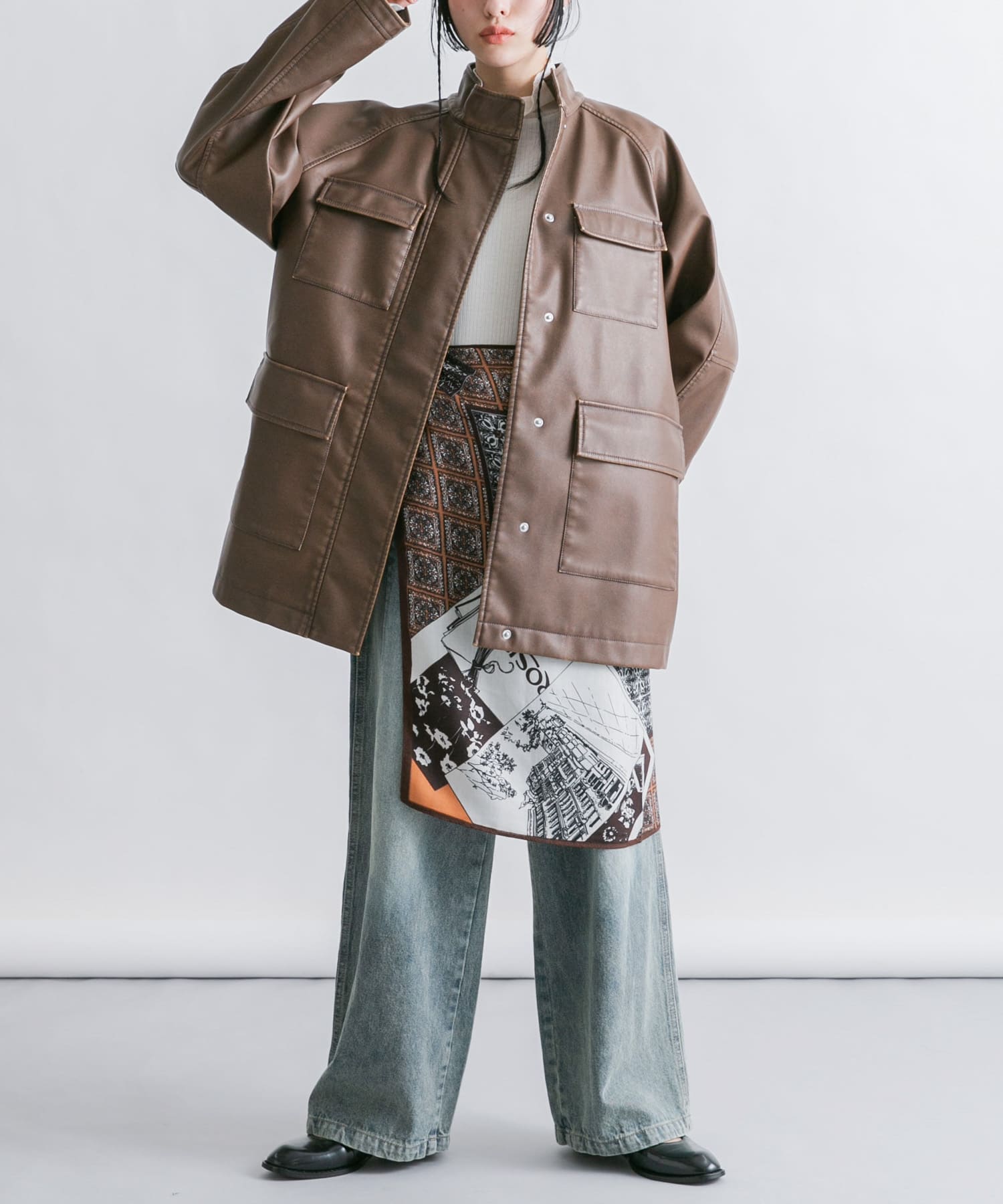 フラワープリントビッグスカーフ BROWN one