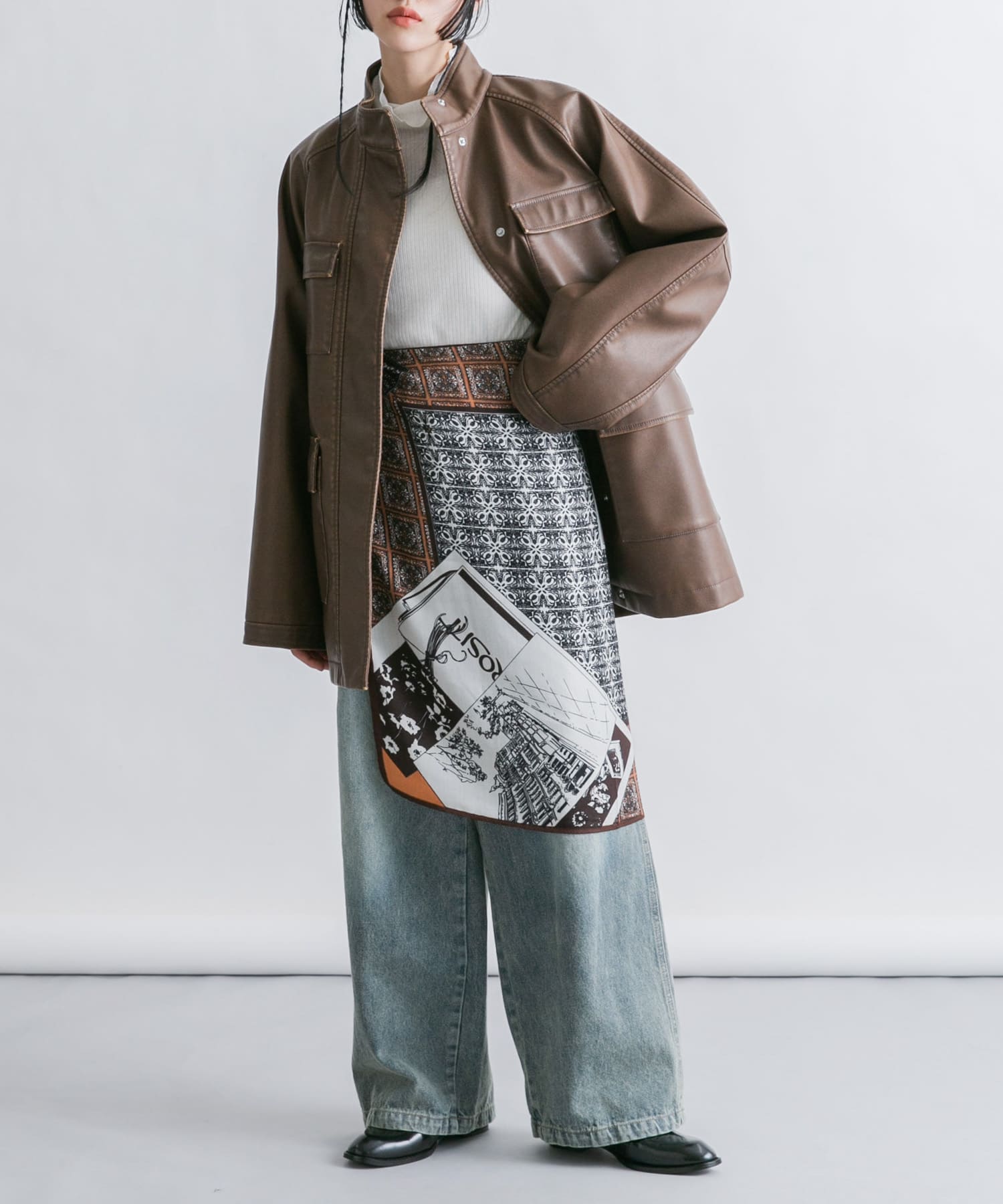 フラワープリントビッグスカーフ BROWN one