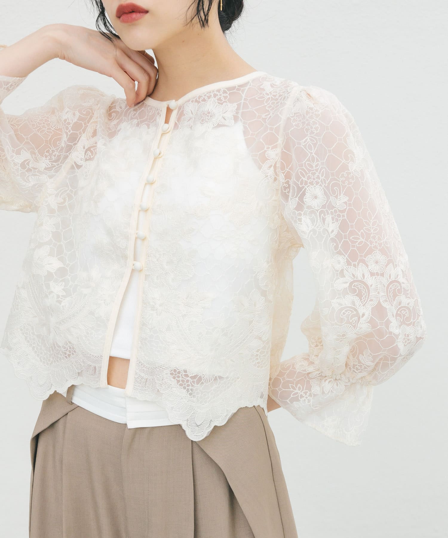 オーガンジー刺繍クロップドブラウス