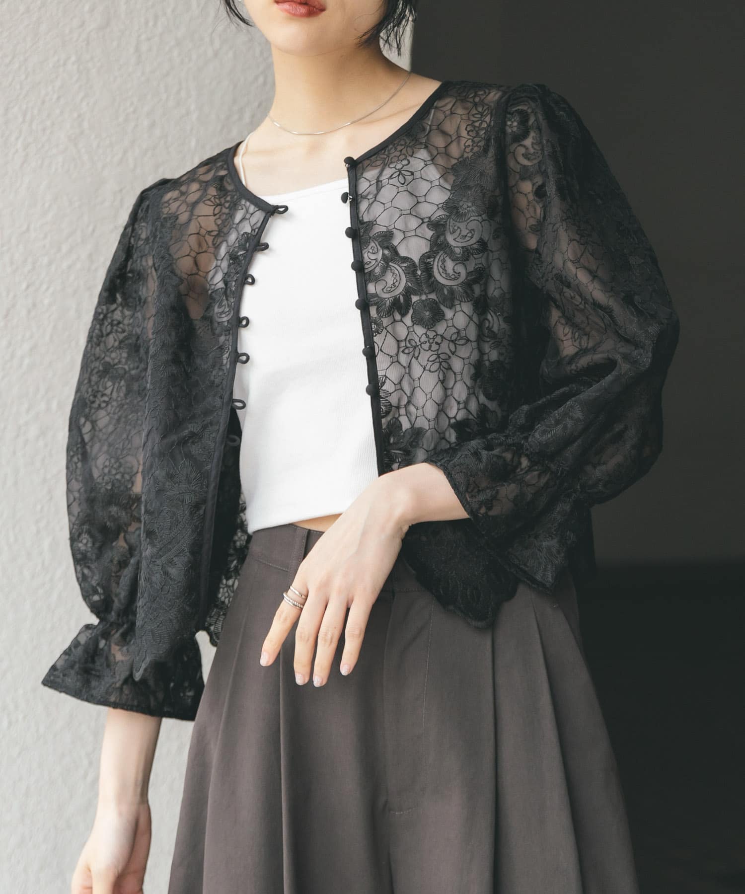 オーガンジー刺繍クロップドブラウス