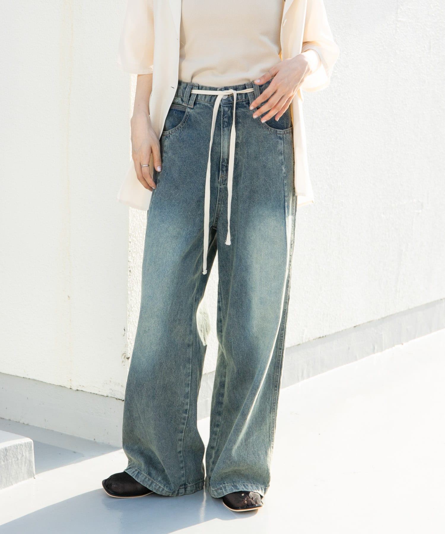 『2サイズ展開』ドローストリングデニム BLUE 36