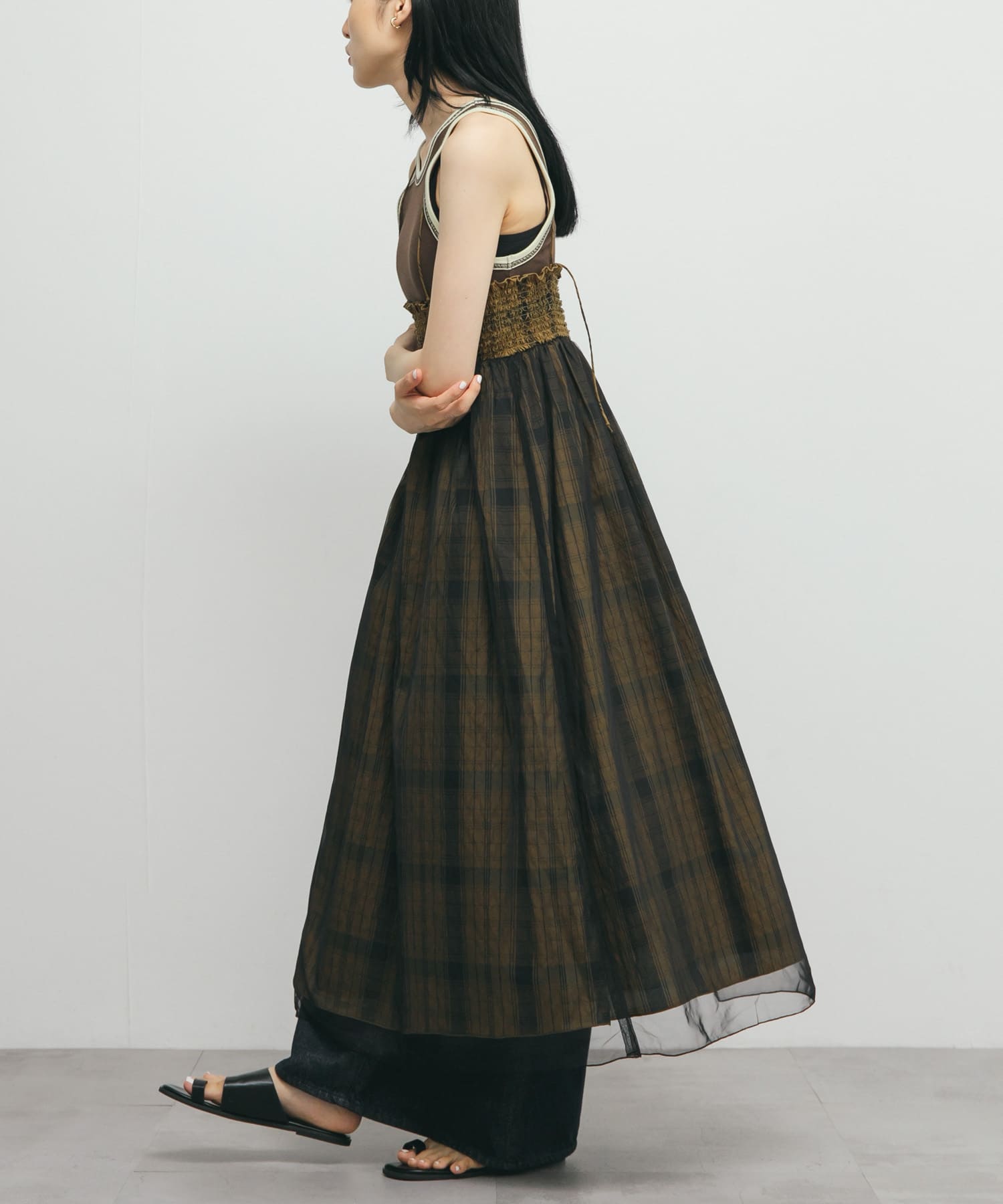 チュールレイヤードチェックスカート