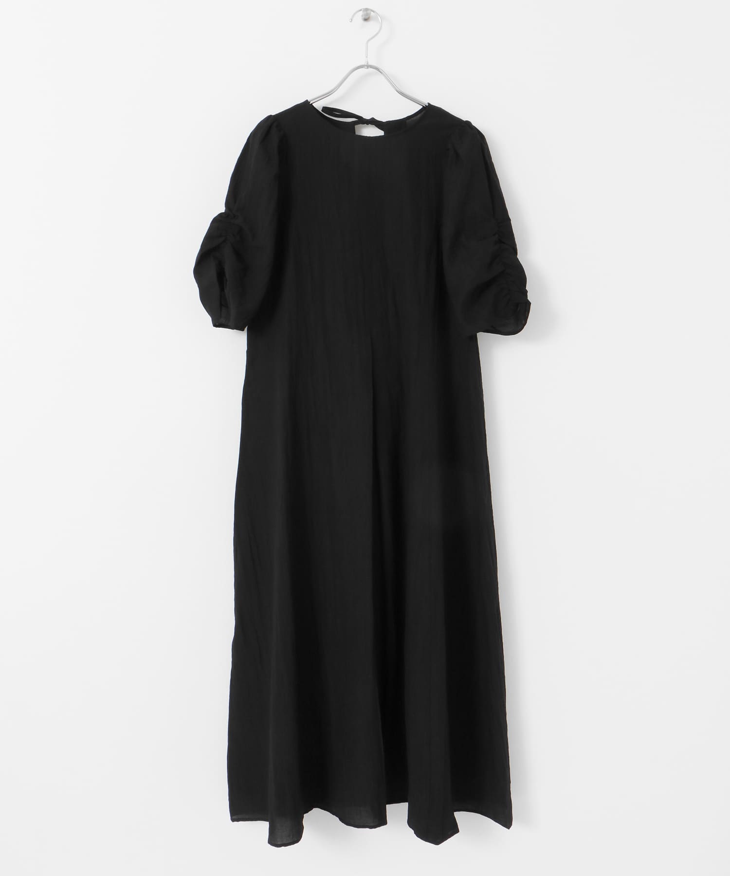 ギャザースリーブフレアワンピース BLACK one