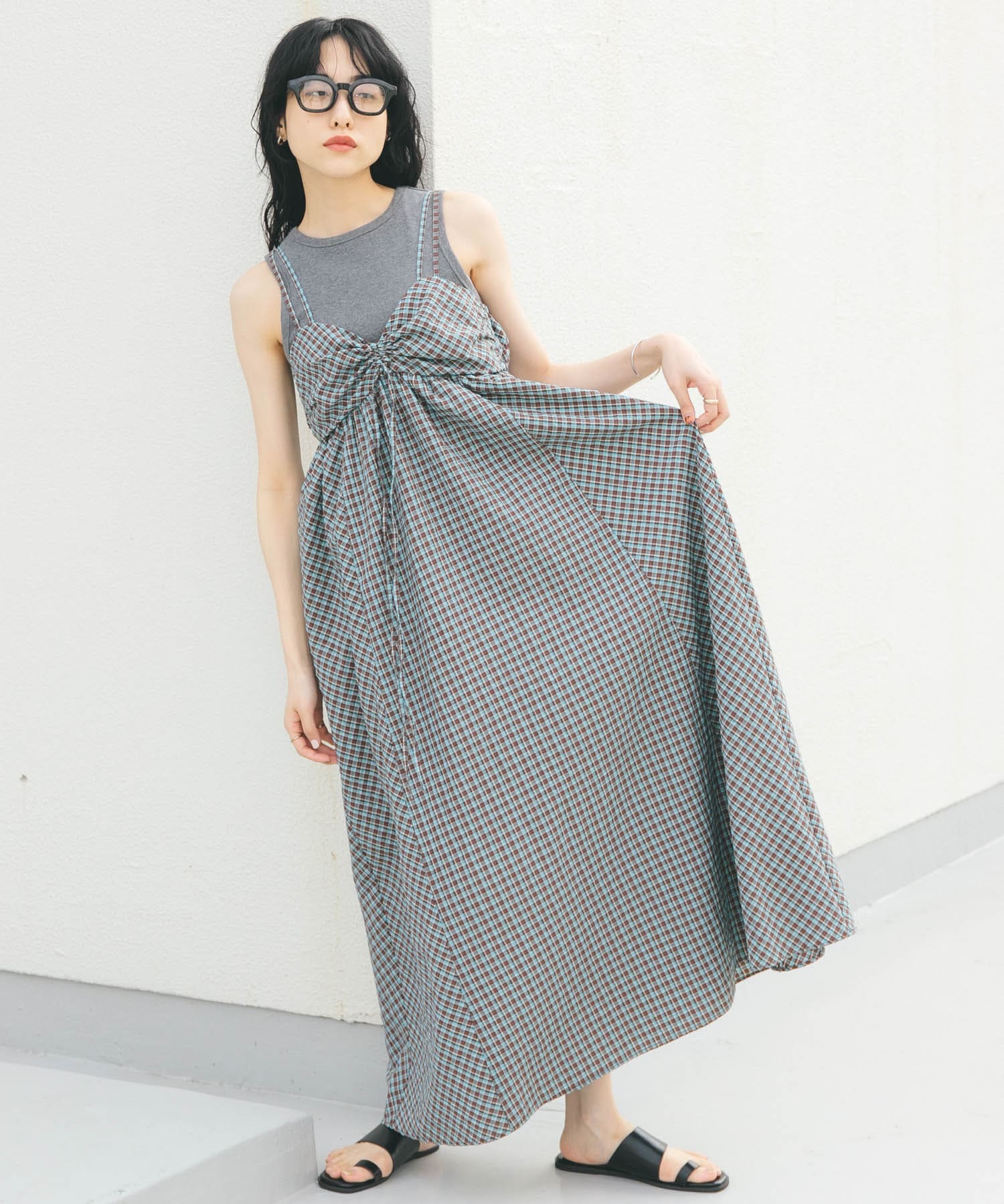 ドロストチェックキャミワンピース