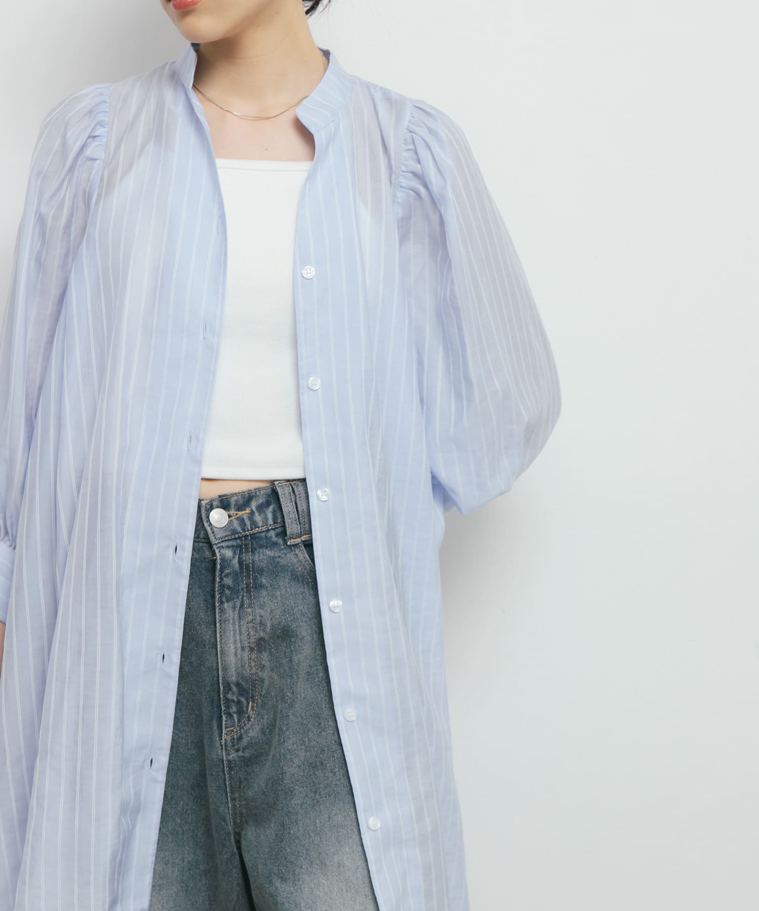 ボリュームスリーブストライプミニワンピース