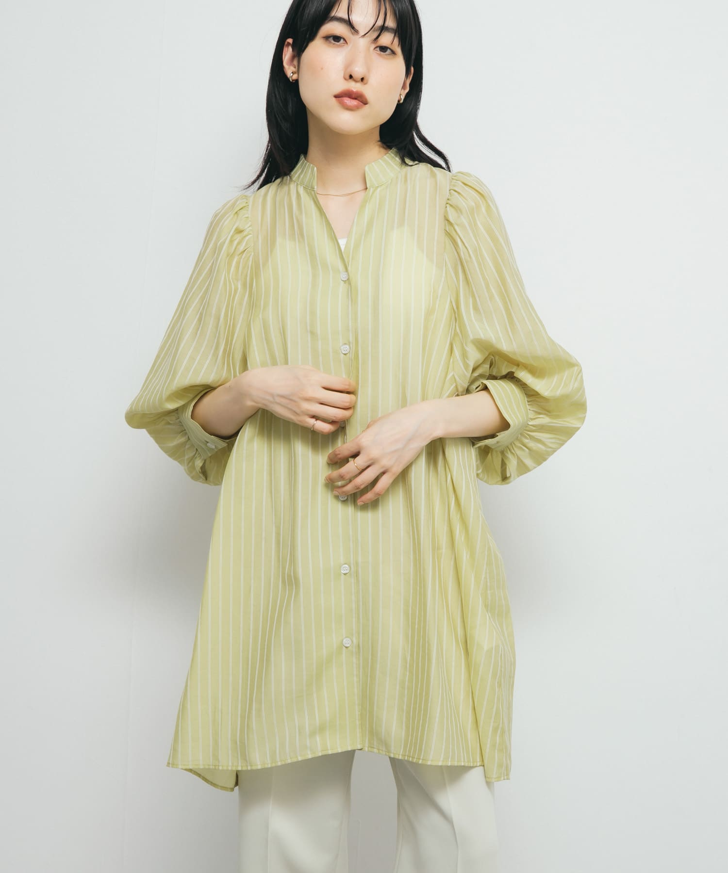 ボリュームスリーブストライプミニワンピース